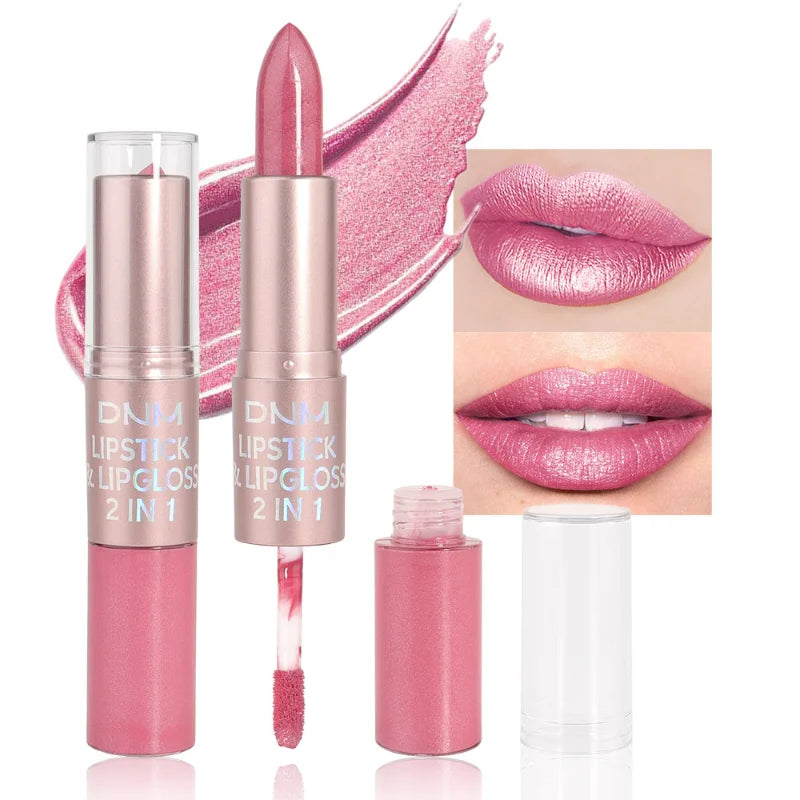Rouge à lèvres 2-en-1 + gloss — Couleur métallique et nacrée | Tenue longue durée et hydratante | Waterproof | Finition brillante et sexy pour maquillage des lèvres