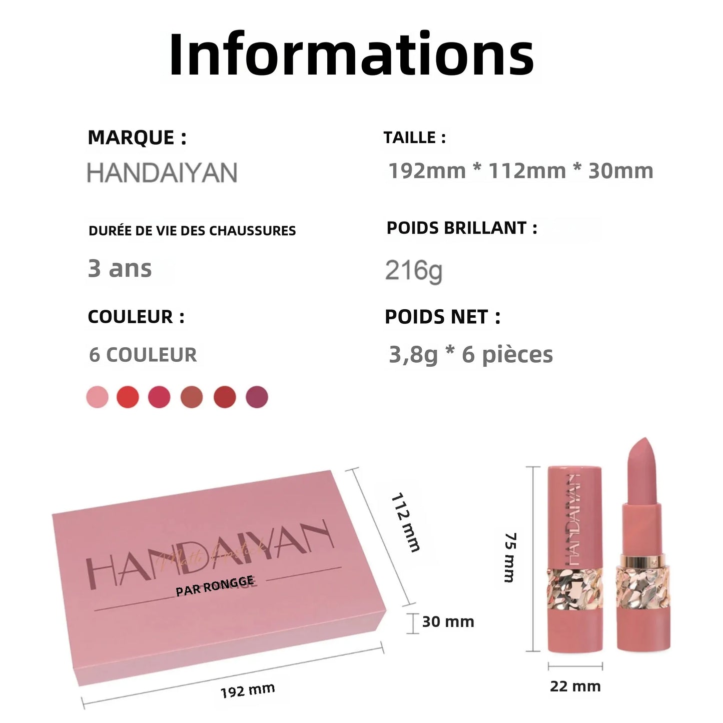 Set 6 Pièces Rouge à Lèvres Haute Pigmentation – Texture Soie, Mat, Longue Tenue, Non Desséchant, Facile à Appliquer, Coffret Cadeau
