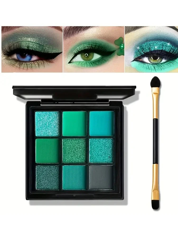 Palette fards à paupières 9 couleurs vertes, pinceau double embout, effets scintillants et naturels, mini palette maquillage yeux
