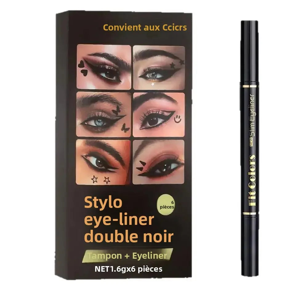 Kit de maquillage anti-bavures pour eyeliner liquide waterproof à séchage rapide (6 pièces) : eyeliner noir double embout avec tampon cœur et étoile.