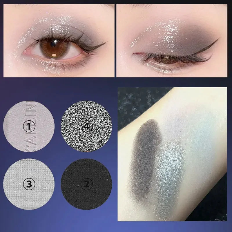 Palette fards à paupières 4 couleurs, smoky punk, mats et pailletés, tons froids noir et bleu, pigments longue tenue
