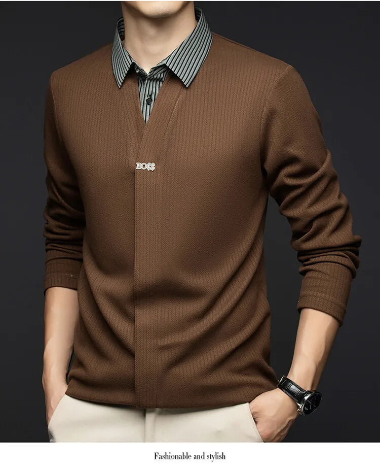 Pull en tricot à manches longues pour hommes, avec col de chemise tissé et chemisier en tricot, T-shirt à col, vêtements pour hommes, automne/hiver