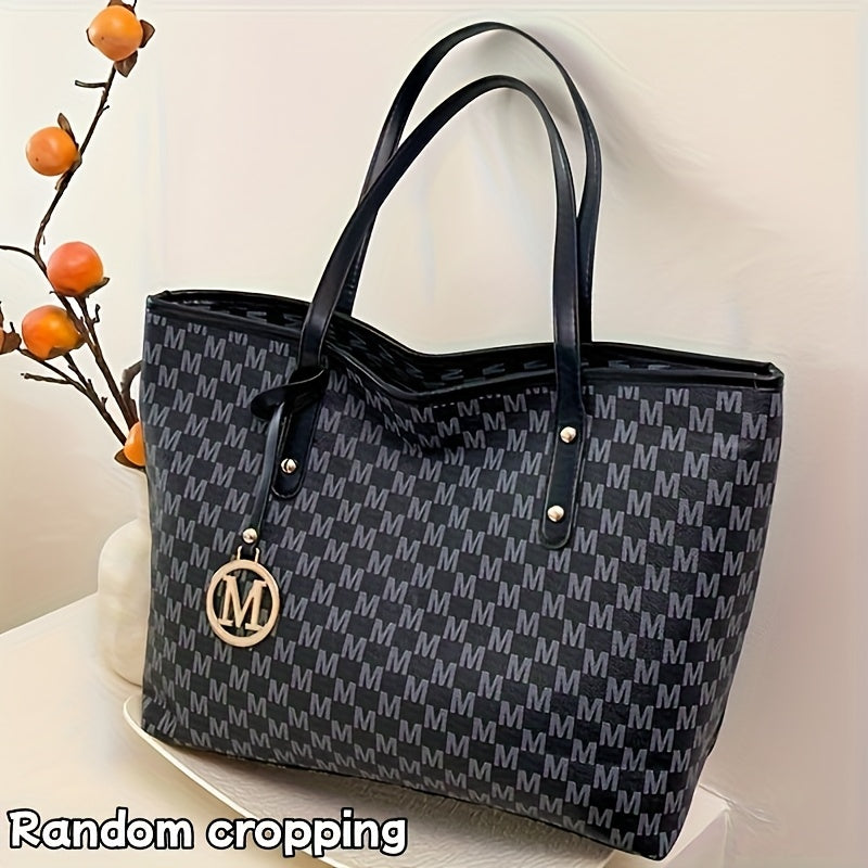 Sac à Main Femme Élégant– Sac Cabas avec Bandoulière Chaîne Dorée et Logo « M », Cuir Synthétique, Motif Pied-de-Poule en Marron Clair/Blanc/Noir, Fermeture Éclair, Doublure en Polyester