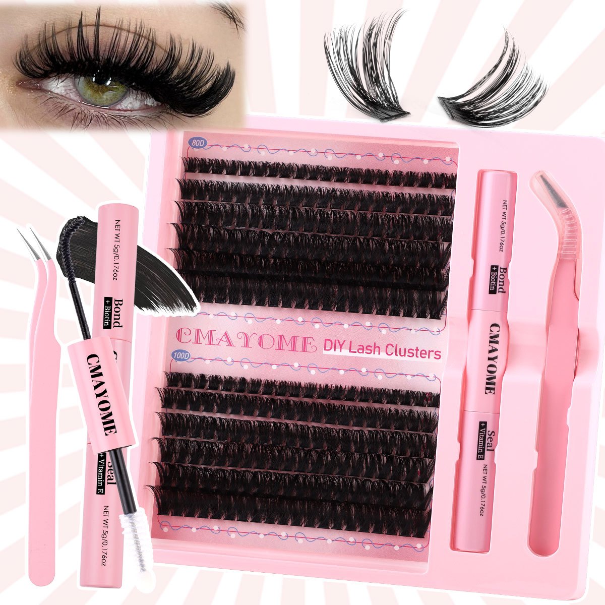 Kit d’extensions de cils DIY – cils naturels style fairy 30D/40D/50D/60D, longueurs mixtes 10-16 mm, courbure D, effet agrandissant les yeux, cils cartoon naturels, colle scellée et pince incluse