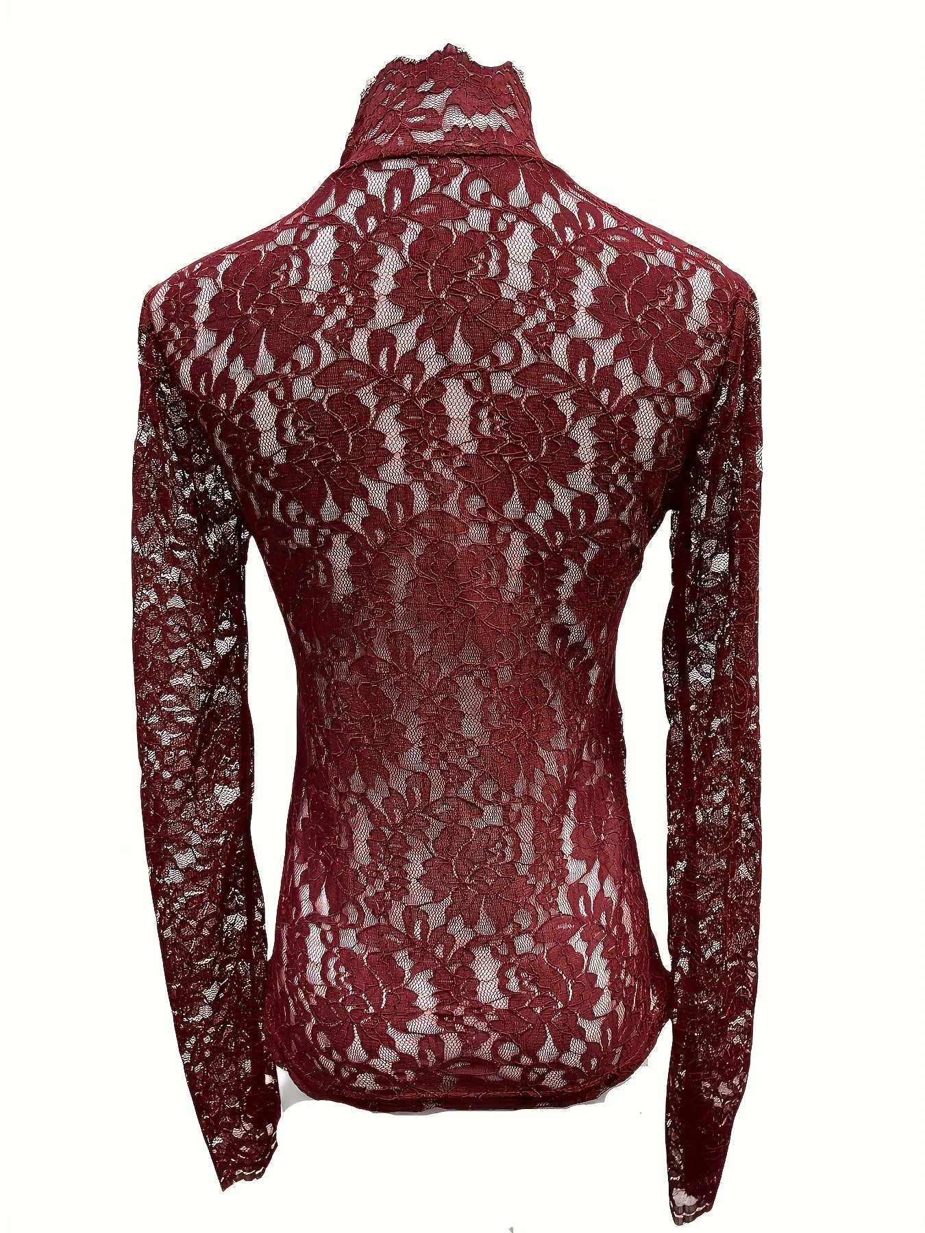 Blouse grande taille élégante pour femmes bordeaux effet dentelle manches longues col rond col montant semi-transparente superposée pour robes et blouses lavable en machine printemps automne hiver