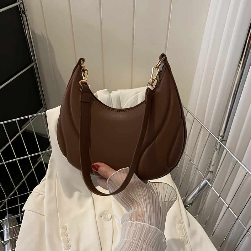 Sac bandoulière femme style français – quincaillerie dorée, sangle réglable, fermeture zippée, brun/ blanc/ noir, élégant et polyvalent pour le travail, les sorties et les voyages.