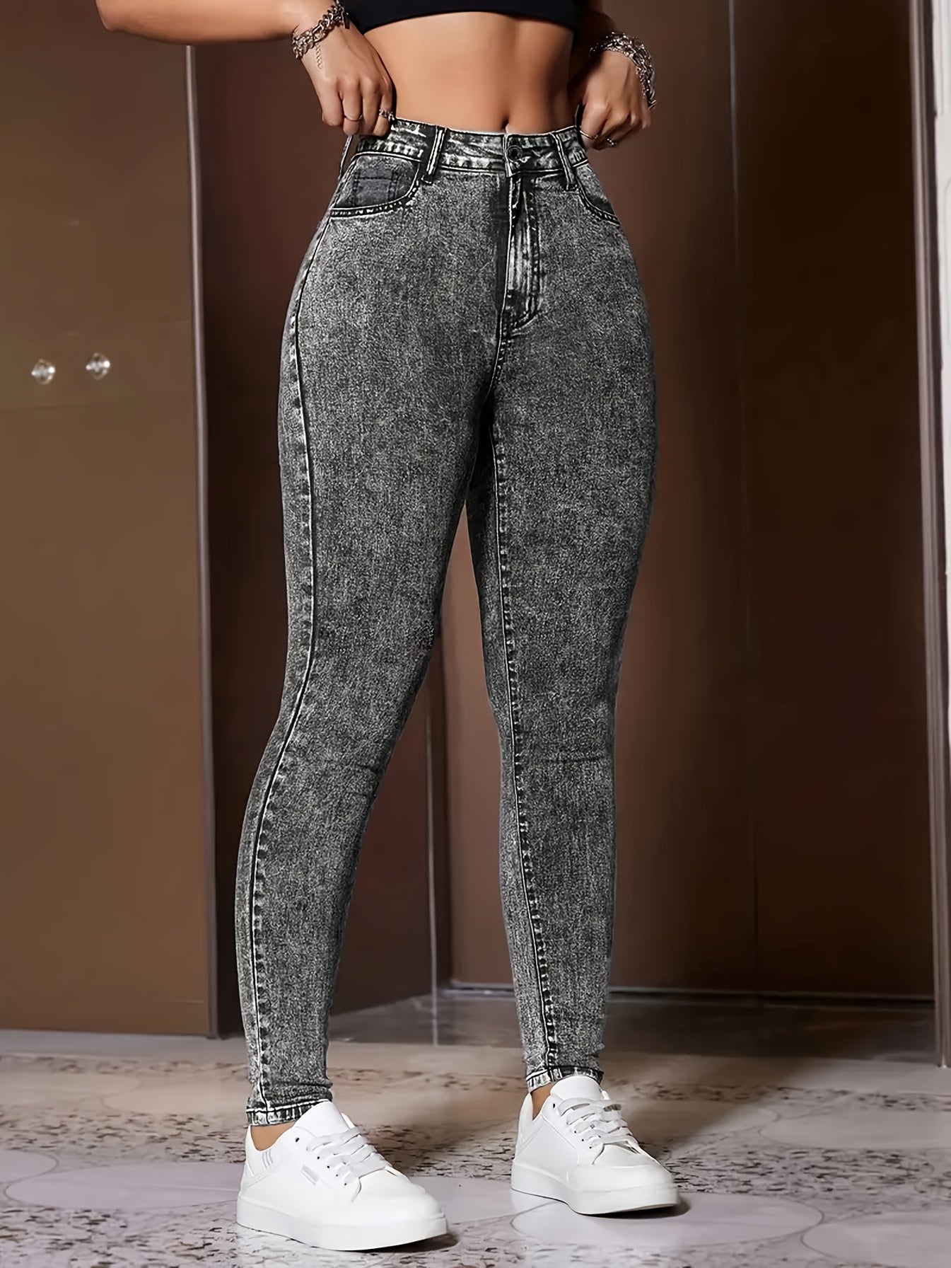 Jean stretch taille haute pour femme, mélange de polyester, coupe décontractée, taille élastiquée, braguette zippée, style printemps/été