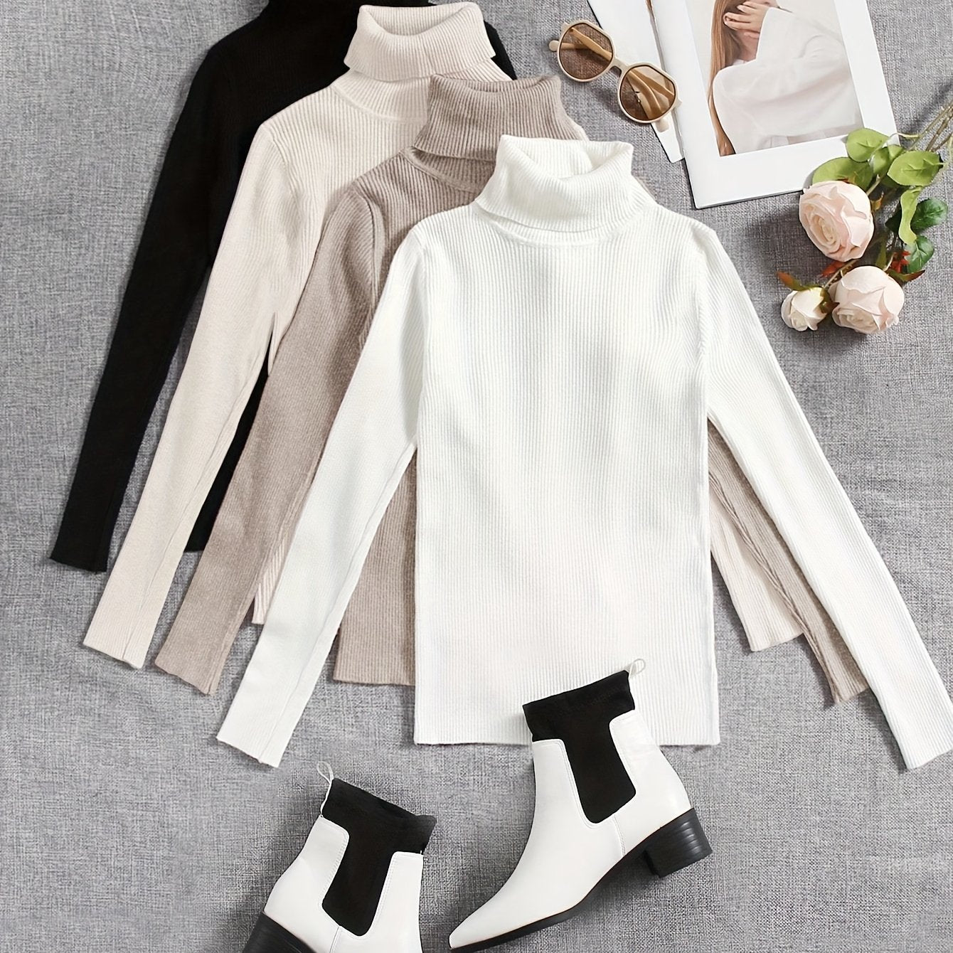 Pull Col Roulé Élégant pour Femme – Ensemble Haut à Col Montant, Manches Longues Confortables en Blanc et Marron, Idéal Automne/Hiver, Pièce de Superposition Stylée, Vêtement d’Hiver Élégant