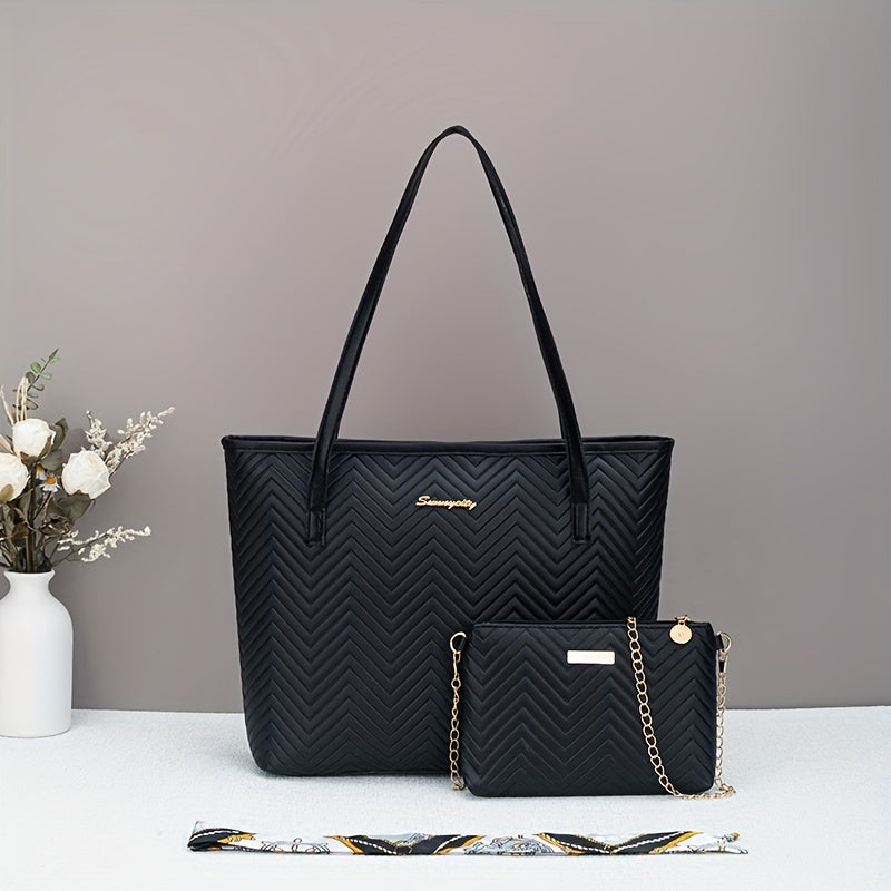 Ensemble deux pièces élégant – sac fourre-tout embossé motif vague avec compartiment tablette, sac bandoulière pour trajets quotidiens, léger, fermeture zippée, simili cuir noir/blanc, plat et portable