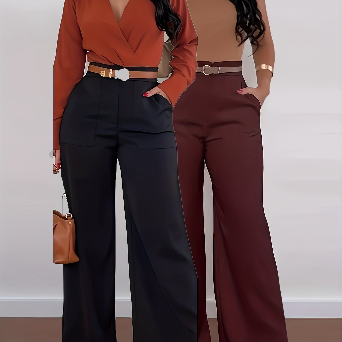 Lot de 2 Pantalons Femme Grande Taille – Cargo Élégants Jambe Large, Taille Haute, Sans Ceinture, Couleur Unie