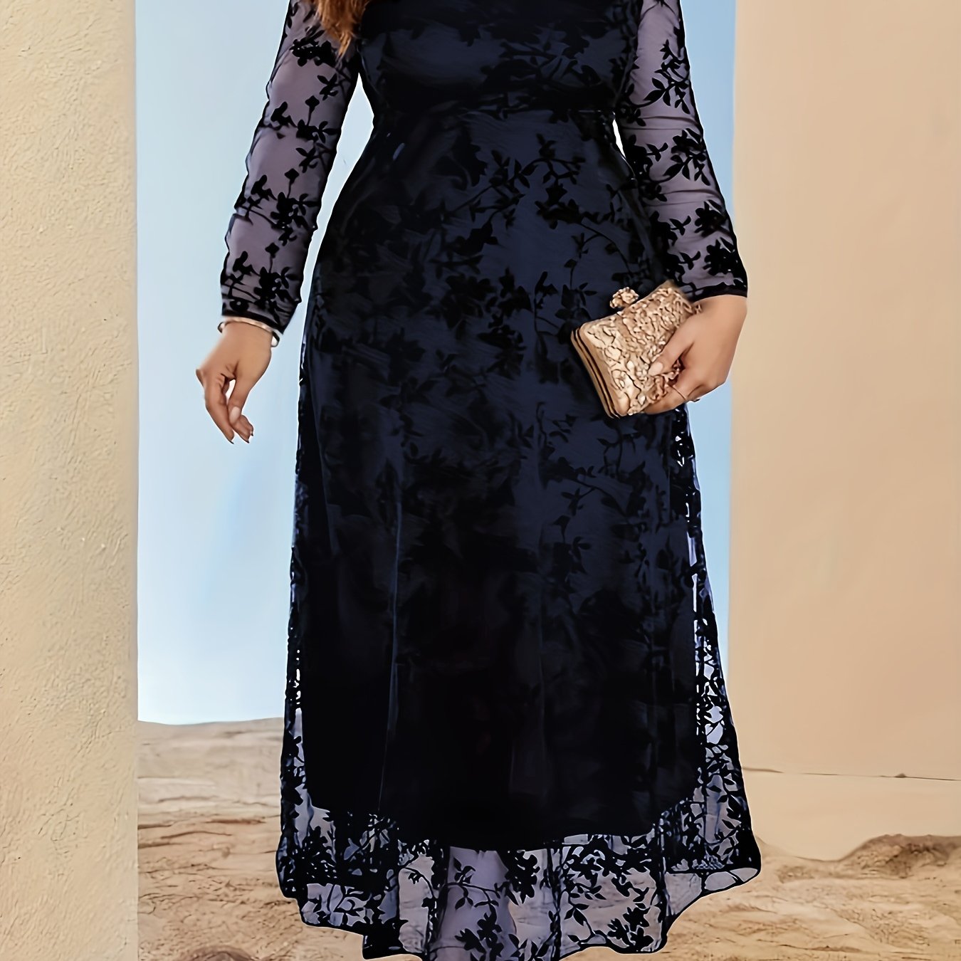 Robe Grande Taille Élégante – Imprimé, Manches Longues, Ourlet en Mesh Flocké, Haut Bodycon et Jupe Évasée en Forme de Cloche, Toutes Saisons, Tenues de Fête, Couture de Qualité, Tissu Respirant