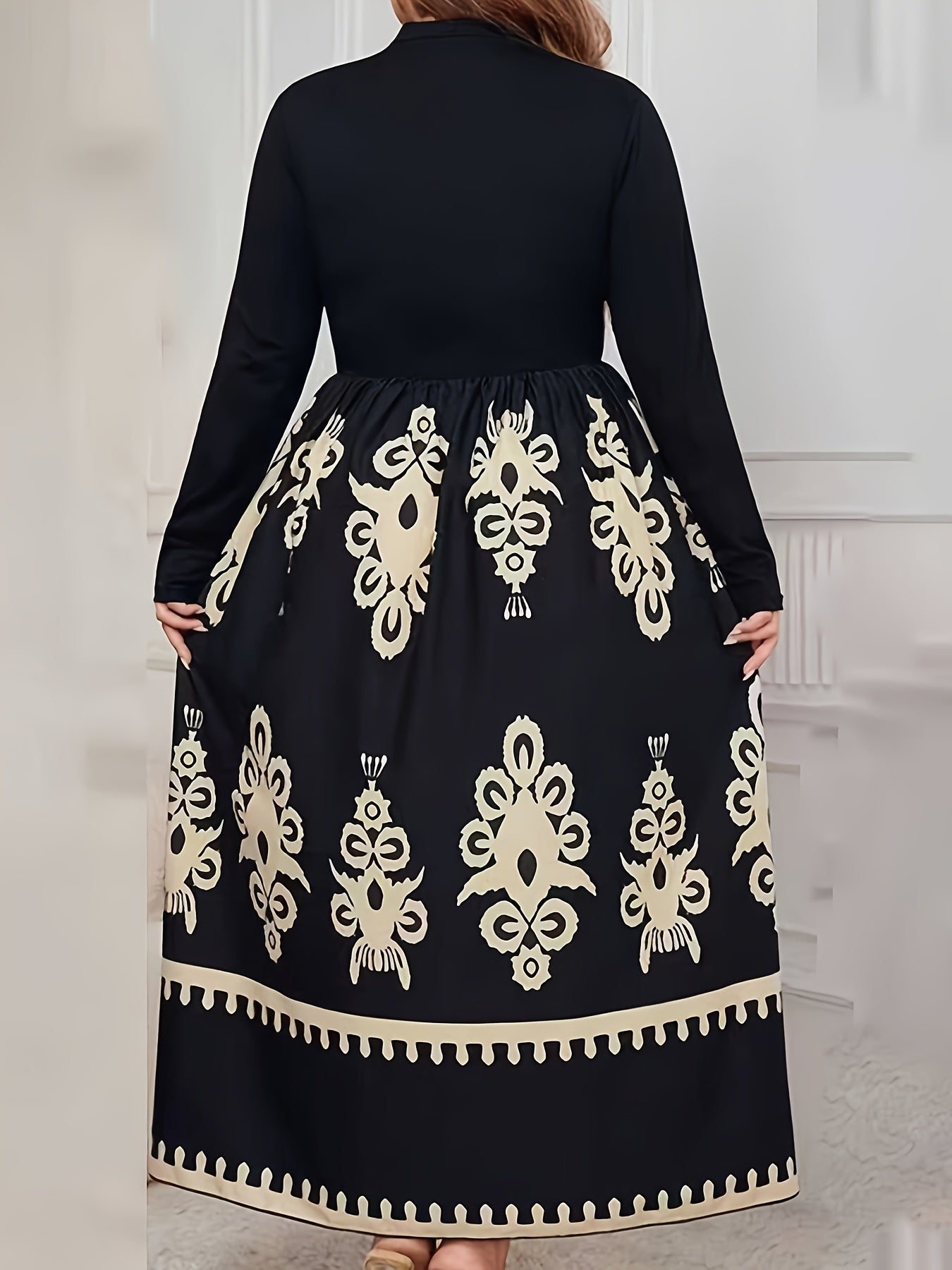 Robe Longue Grande Taille Élégante – Noir à Imprimé Floral, Col Rond, Manches Longues, Coupe A-Ligne, Idéale Mariages, Soirées, Prom et Événements Formels, Lavable en Machine
