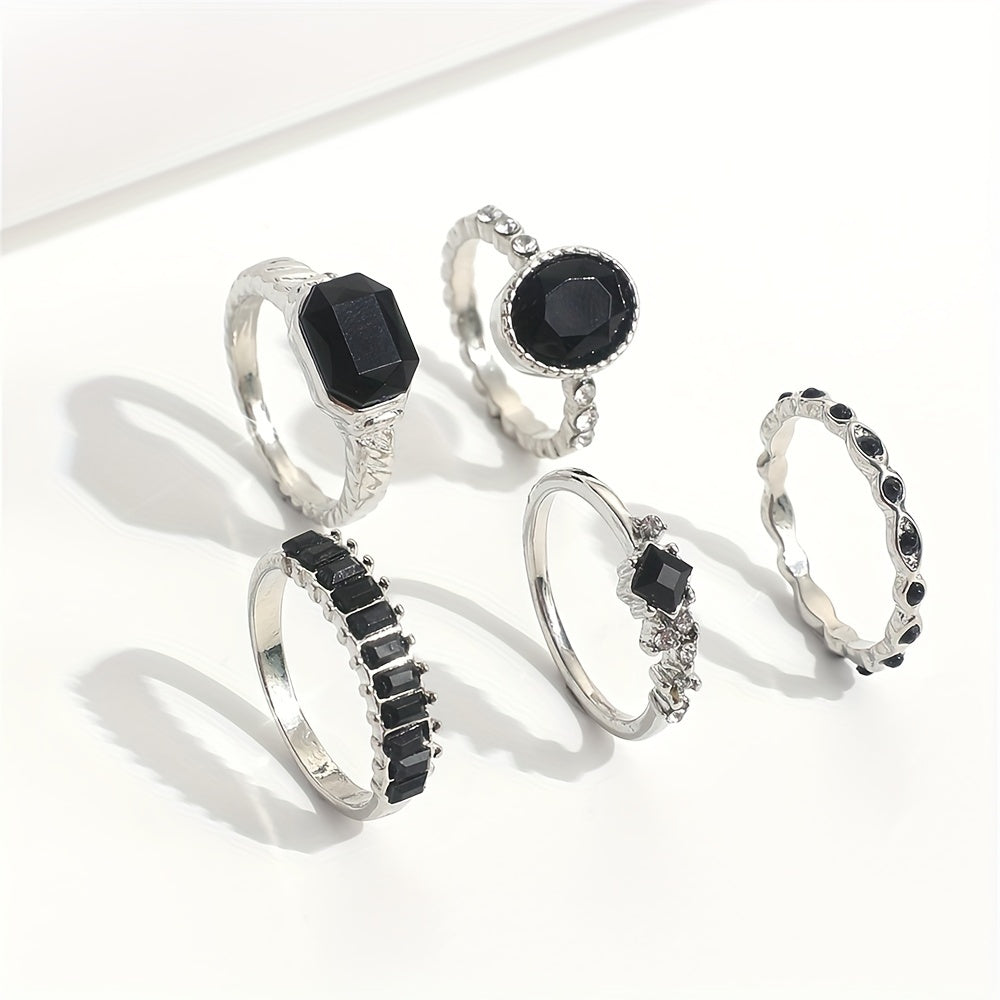 5pcs Alloy Black Rhinestone Ring Set, Minimalist Vintage Elegant Thin Jointed Ring Stackable Collection