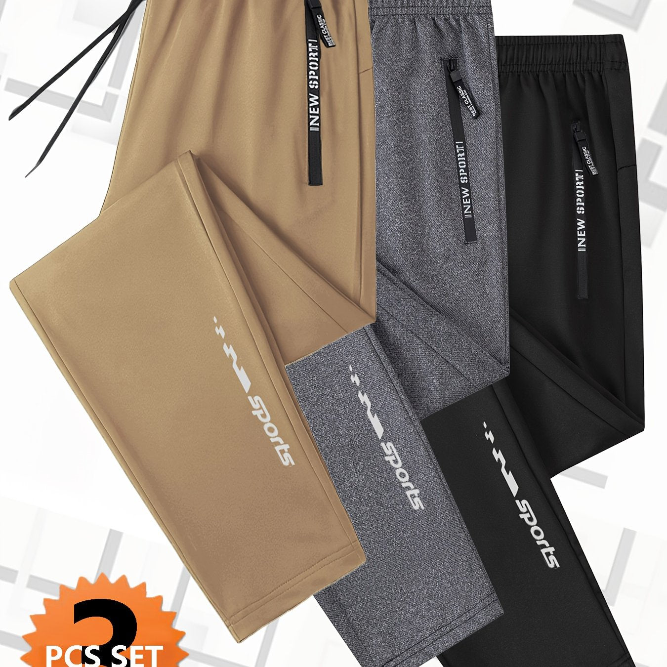 3pcs Joggers Homme – Cordon, Poches Zippées, Sport & Casual, Noir, Tout Saison