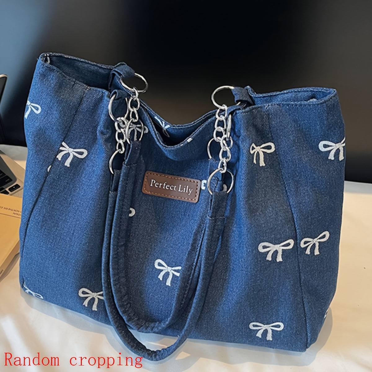 Sac Cabas Femme– Bandoulière Chaîne Fixe, Broderie Nœud, Fermeture Zippée Durable, Idéal Quotidien, Shopping et Sorties – Bleu Clair / Bleu Foncé, Idée Cadeau Élégante