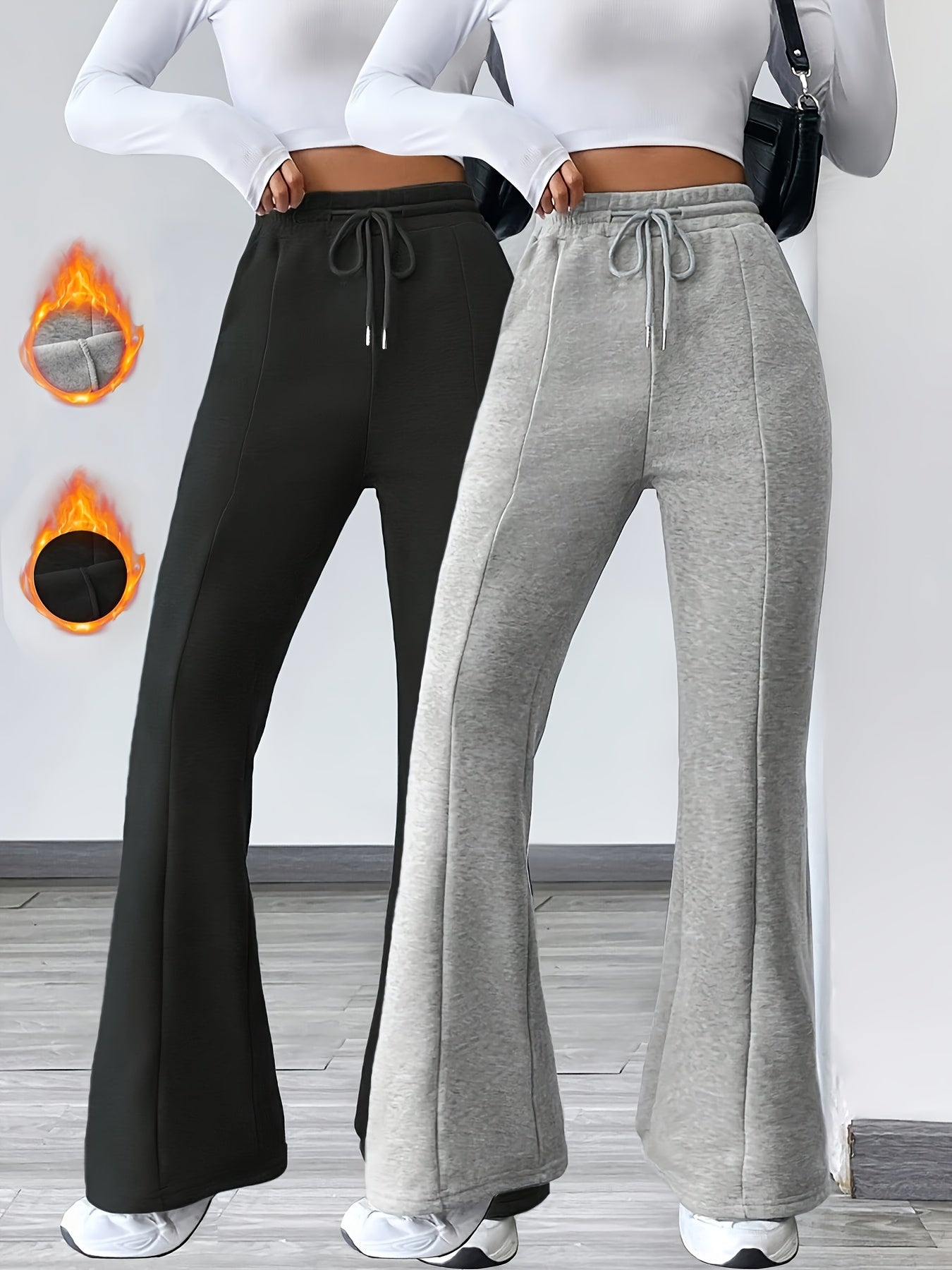 Ensemble Deux-Pièces Femme – Pantalon Évasé Taille Haute, Doublé Polaire, Taille Élastique avec Cordons et Poches