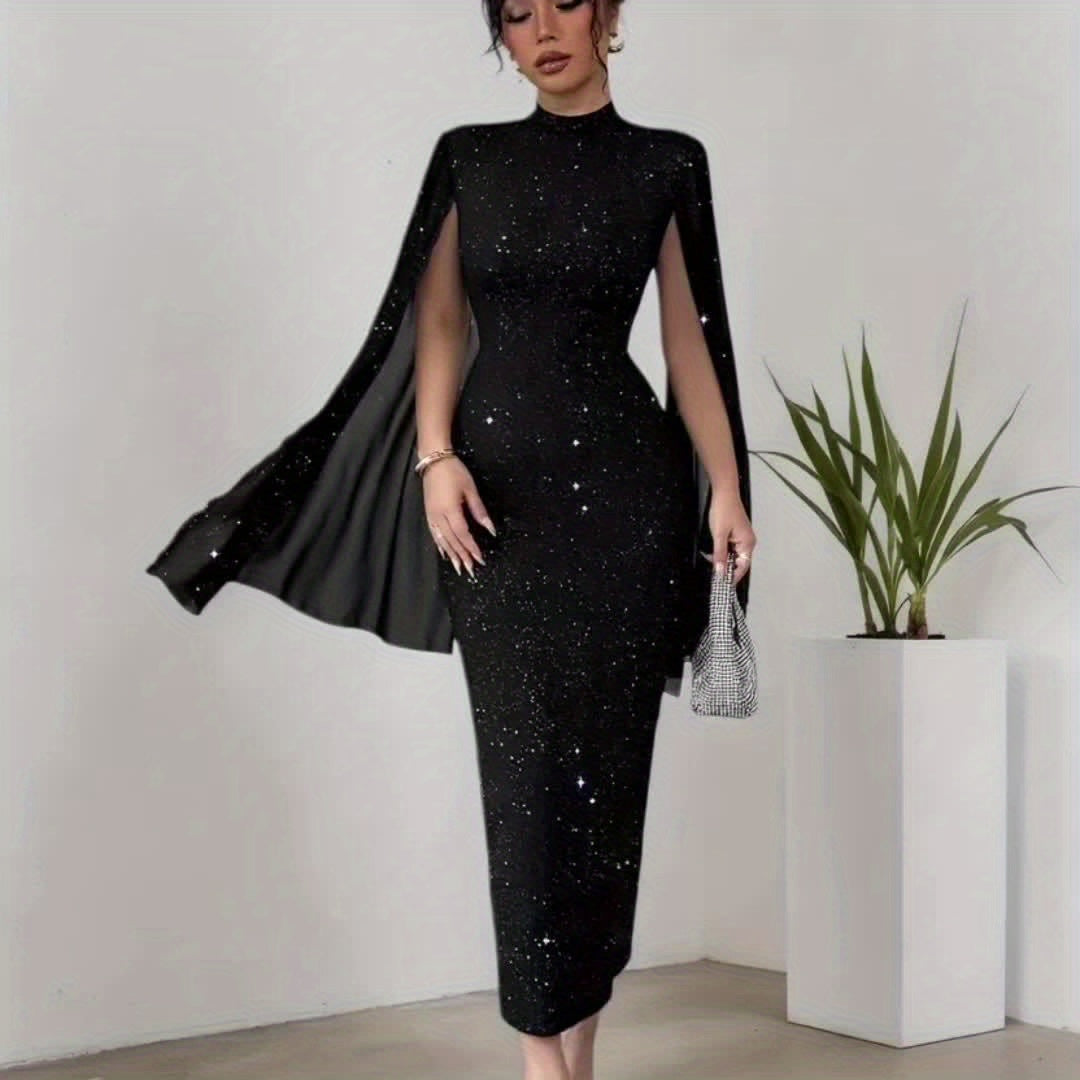 High Neck Star Sequin Dress with Cape Shawl | Y2K Party Evening Dress (Fits Small! Order 1 Size Up)