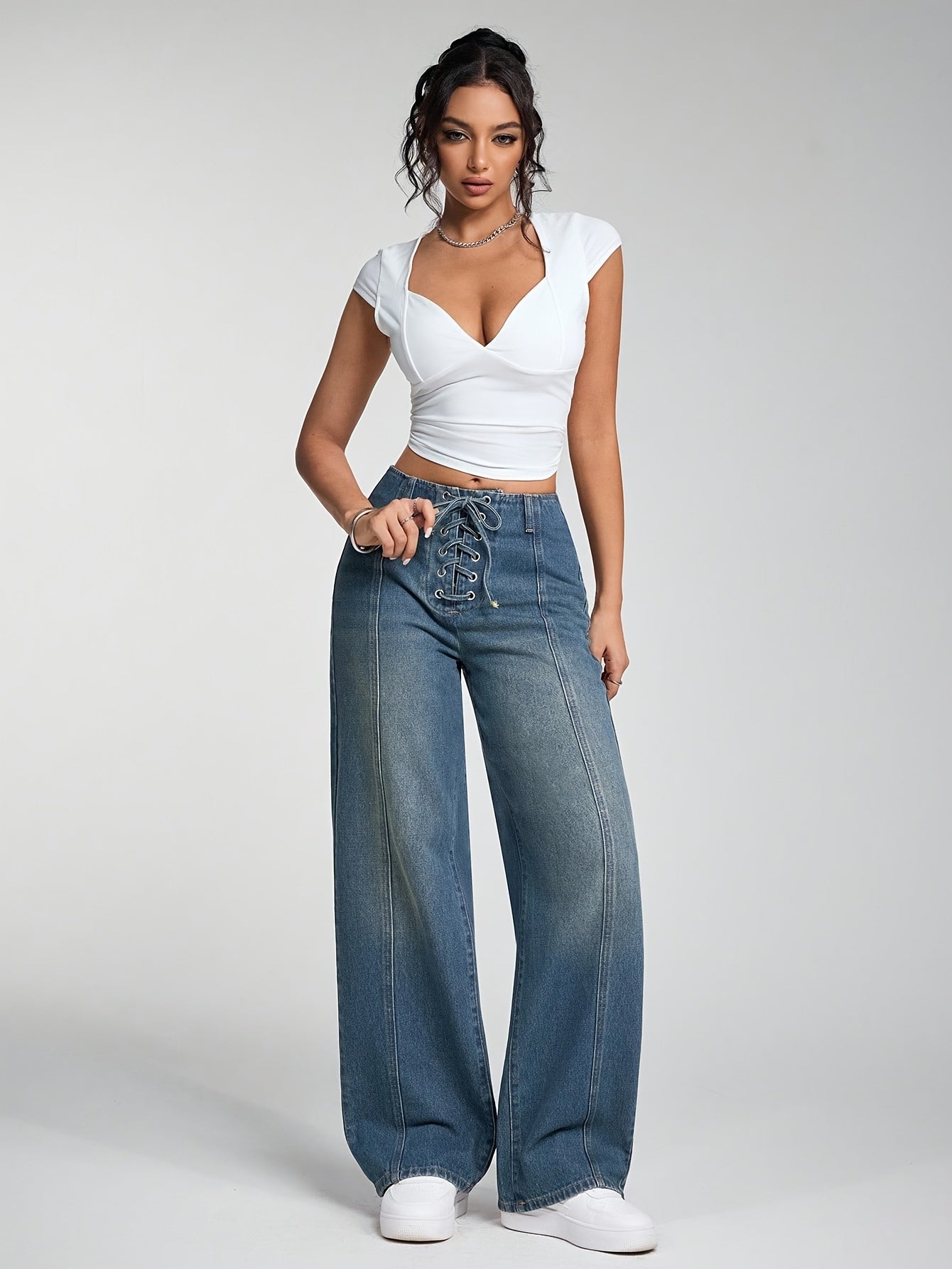 Jeans Femme Élégant Taille Haute Jambe Droite Bleu Clair Ceinture Croisée Sans Extensible Toute Saison Polyvalent Décontracté et Formel