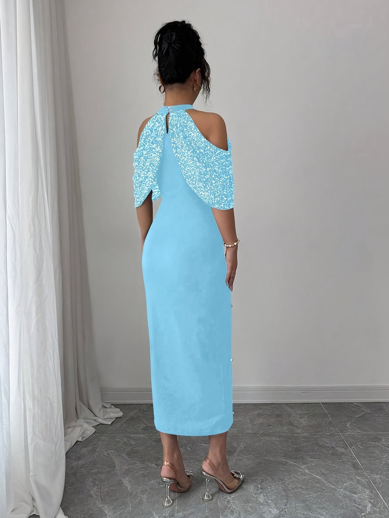 Pearl Bodycon Dress | Off-Shoulder Sequins + Back Cutout, an Elegant Evening Gown.