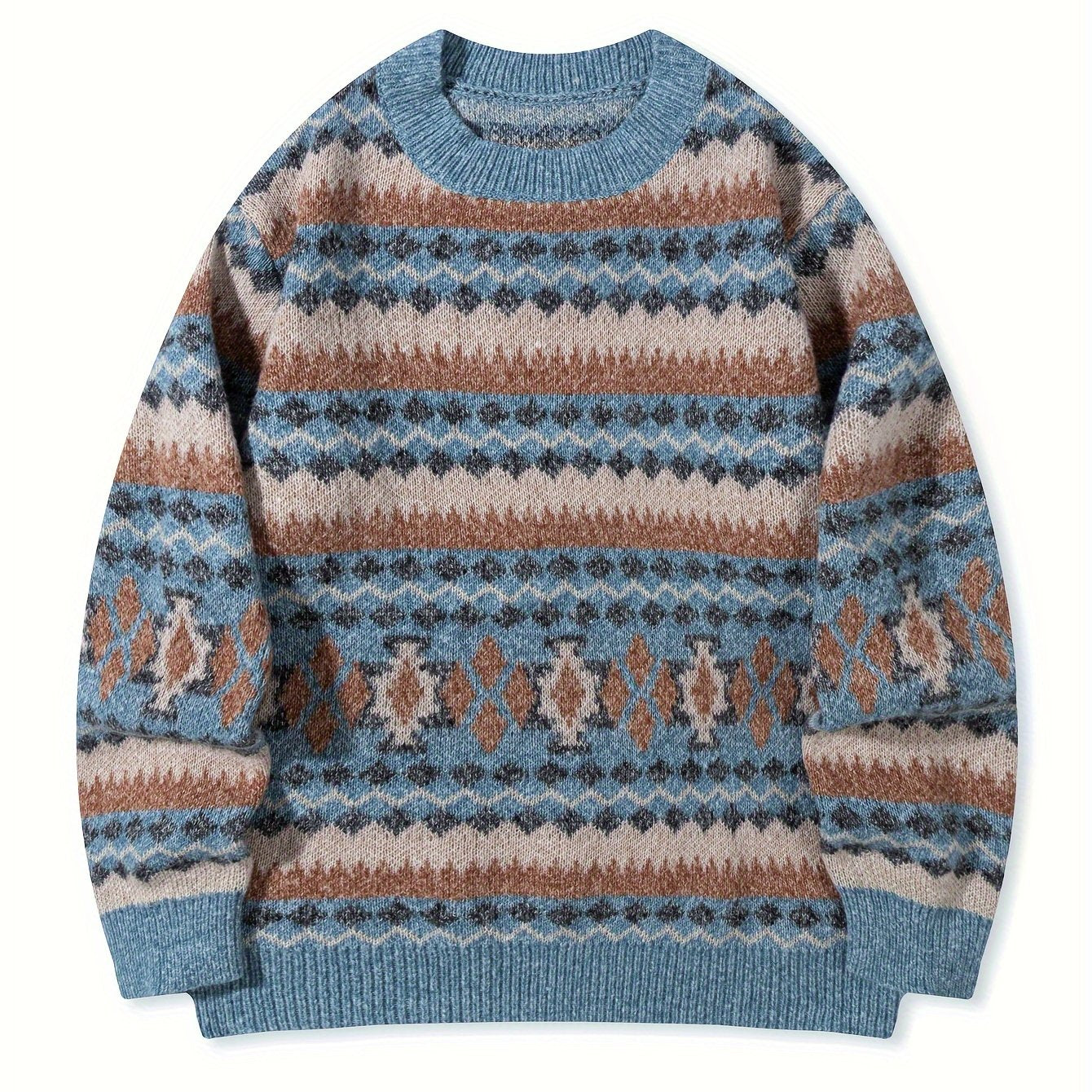 Men's Casual Color-Block Geometric Knit Sweater - Loose Fit Ribbed Detail Pullover, Machine Washable Autumn Winter Warm Crewneck Sweater for Casual Attire, Knitted Sweater, Durable Winter Wear