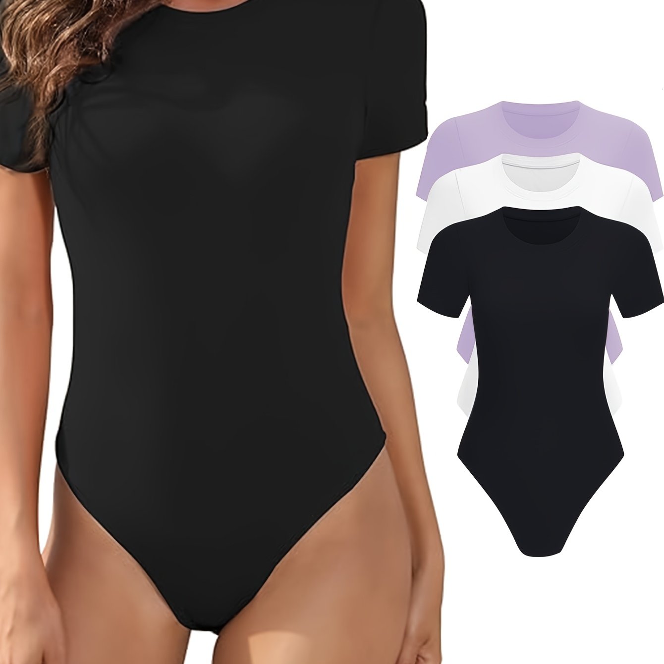 Lot de 3 bodys femme – manches courtes, col rond, coupe ajustée, basiques confortables