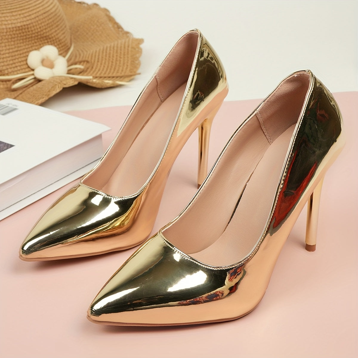 Escarpins Sexy à Talons Aiguilles pour Femme – Talon Ultra-Haut 10,01 cm, Bout Pointu, Couleur Unie, Finition Métallique Argentée ou Dorée, Toutes Saisons, Tige et Doublure en Polyuréthane, Semelle en Caoutchouc, Design Minimaliste