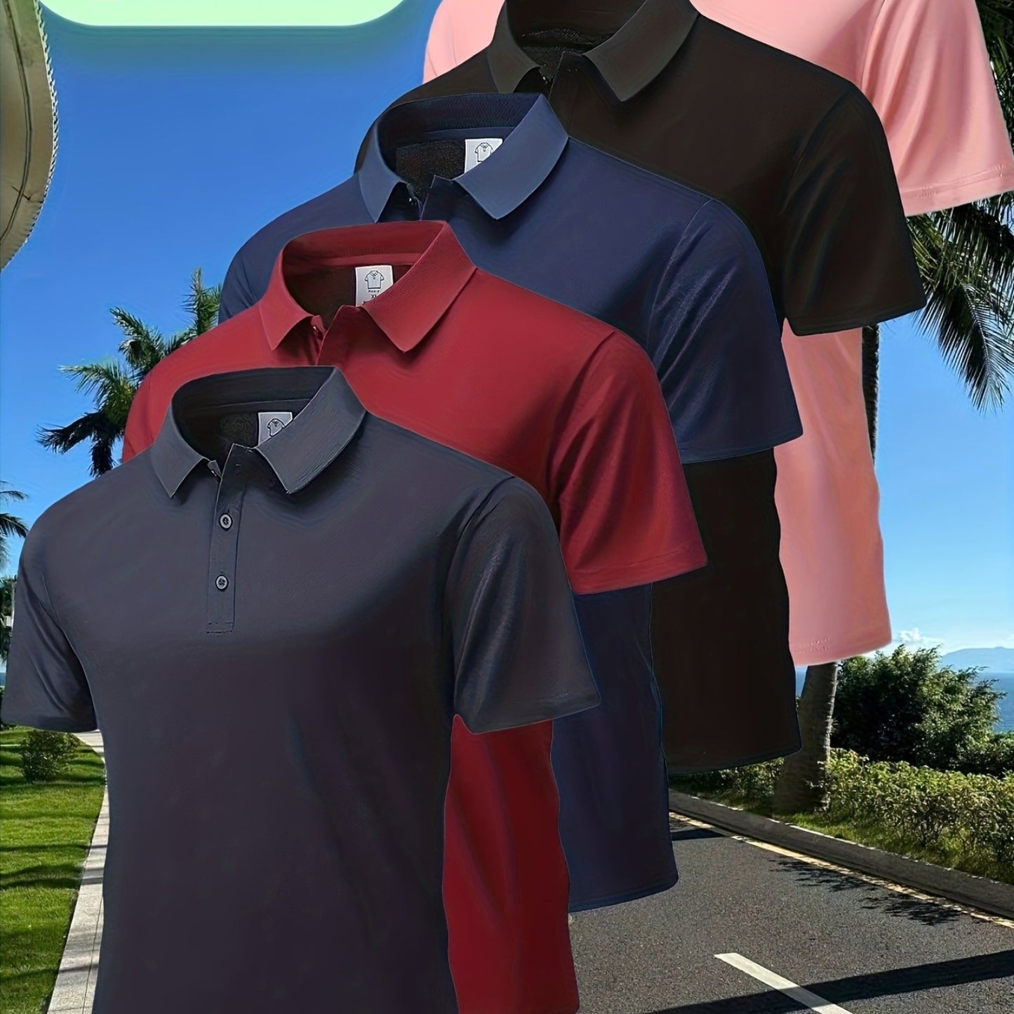 5pcs Men'S Polo Shirts - Elegant Solid Color, High-Quality Fabric, Short Sleeve, Button-Up Collar, Regular Fit, All-Season Wear for Business, Travel, Work, Dates, Home & Golf, Golf Attire | Stylish Polo Set | Durable Fabric