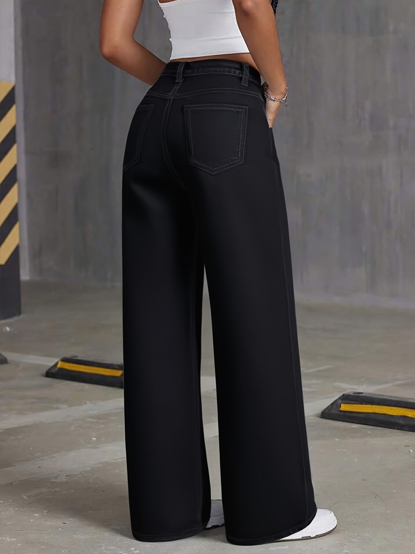 Jeans Femme Noir Jambe Large Extensible Poches Confortable Polyvalent Toute Saison Décontracté