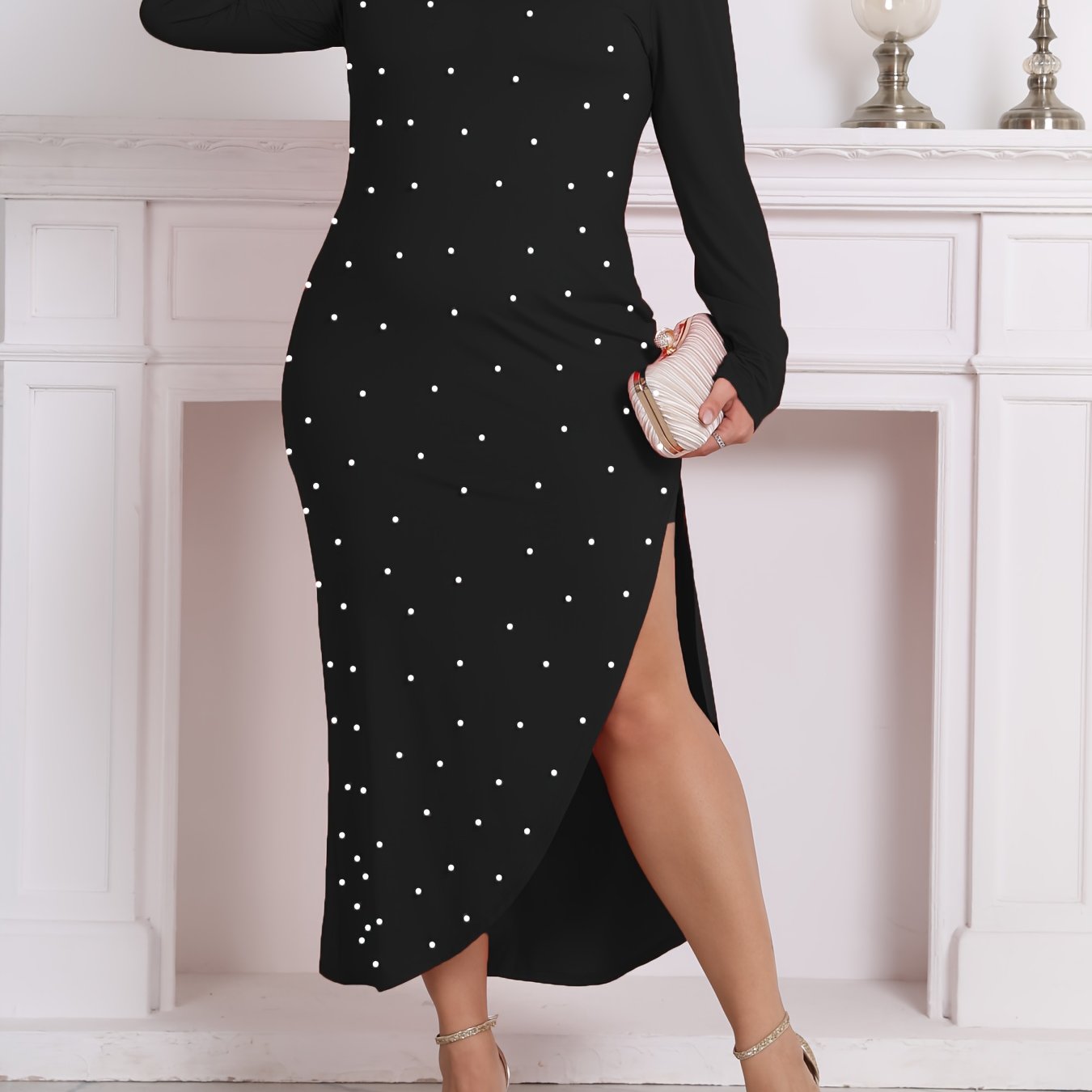 Robe Grande Taille Femme – Élégante, Décoration Perles, Décolleté Une Épaule, Fente sur le Côté