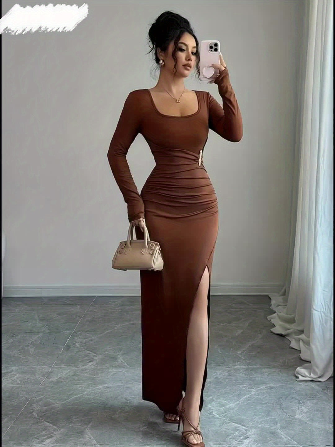 Robe Femme Élégante Haut de Gamme — Col Carré, Manches Longues, Taille Plissée avec Boucle Métallique, Coupe Slim, Ourlet Asymétrique, Robe Mi-Longue Automne, Tenue Classique et Sophistiquée, Robe de Soirée/Formelle pour Femme