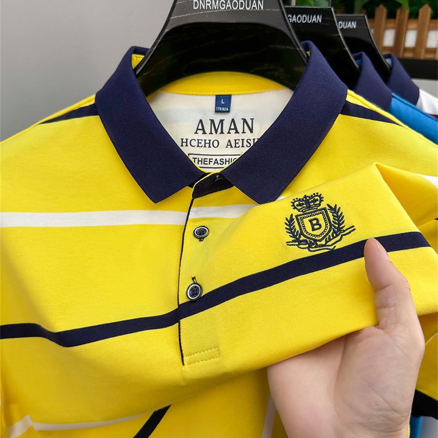 CRRTMARO Men's Short Sleeve Shirt - Summer Striped Embroidered Logo, Vibrant Yellow & Navy, Breathable Regular Fit Casual Button-Up for Office & Leisure