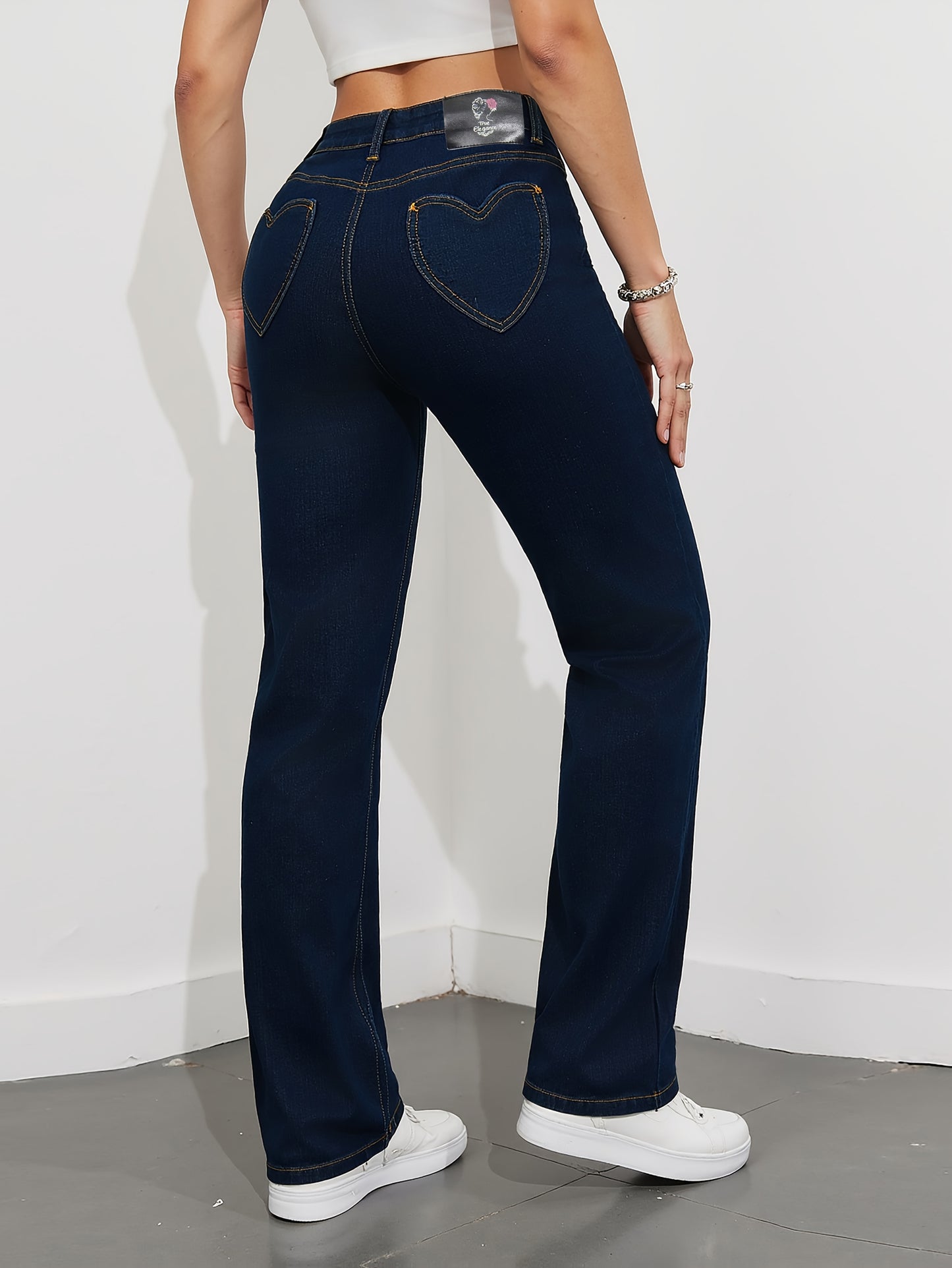 Pantalon élégant pour femme, taille haute, jambes larges - Bleu marine uni, coupe fuselée structurée, poche arrière en forme de cœur
