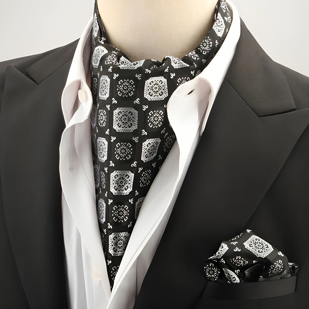 2pcs Ascot Homme – Écharpe et Pochette Style Rétro Britannique pour Mariages et Événements, Motifs Pois/Paisley/Fleur