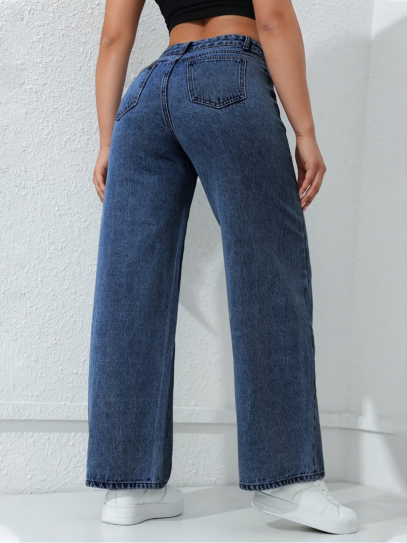 Jean ample à jambes droites pour femme avec poches, jean non extensible, jean taille haute style baggy, jean mom taille haute, jean à taille élastique
