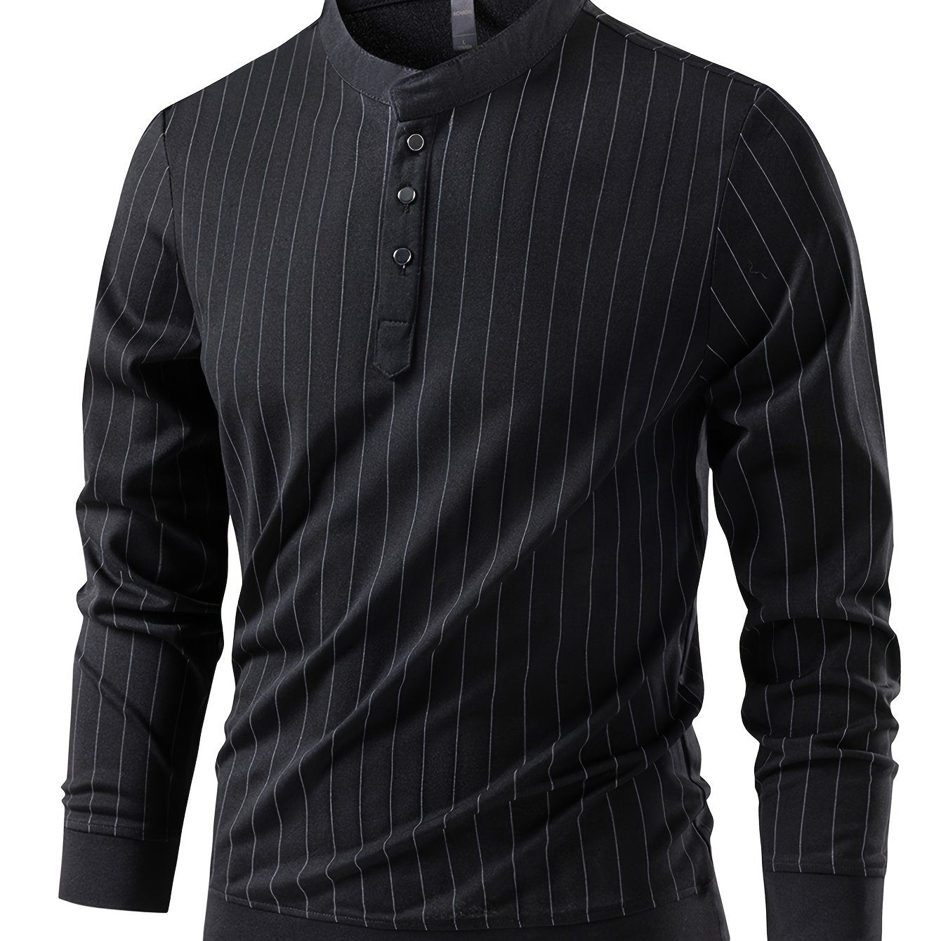 Mens Slimming Vertical Striped Long Sleeve T-Shirt - Light Business Style, Stand Collar, Four-Season Comfort, Regular Fit, Black with Dark Stripes, Hand Wash Only, Casual Wear, Elegant Pullover, Durable Casual Wear