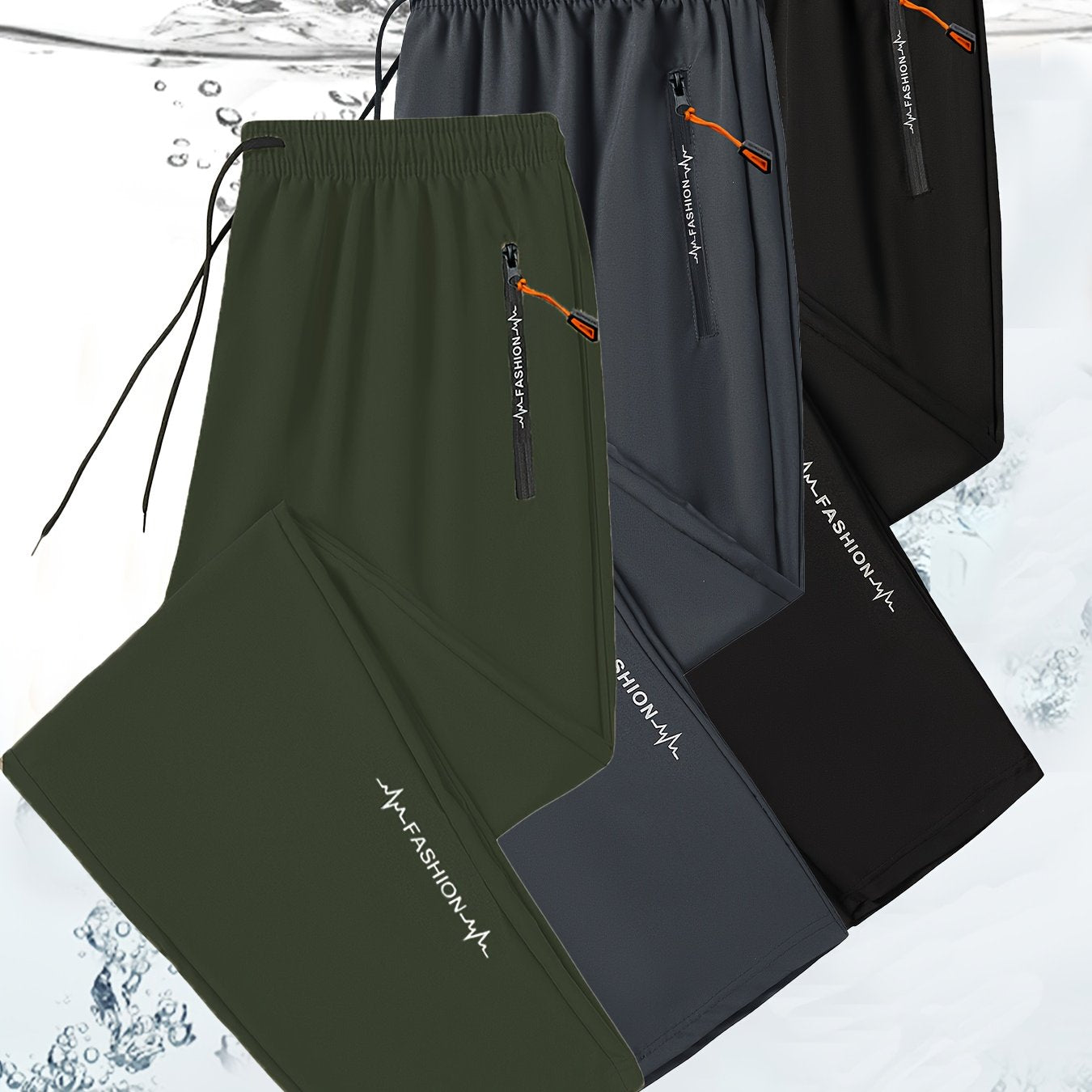 3pcs Pantalons Sport Homme – Tout Saison, Cordon, Poche Zippée, Olive, Gym & Casual