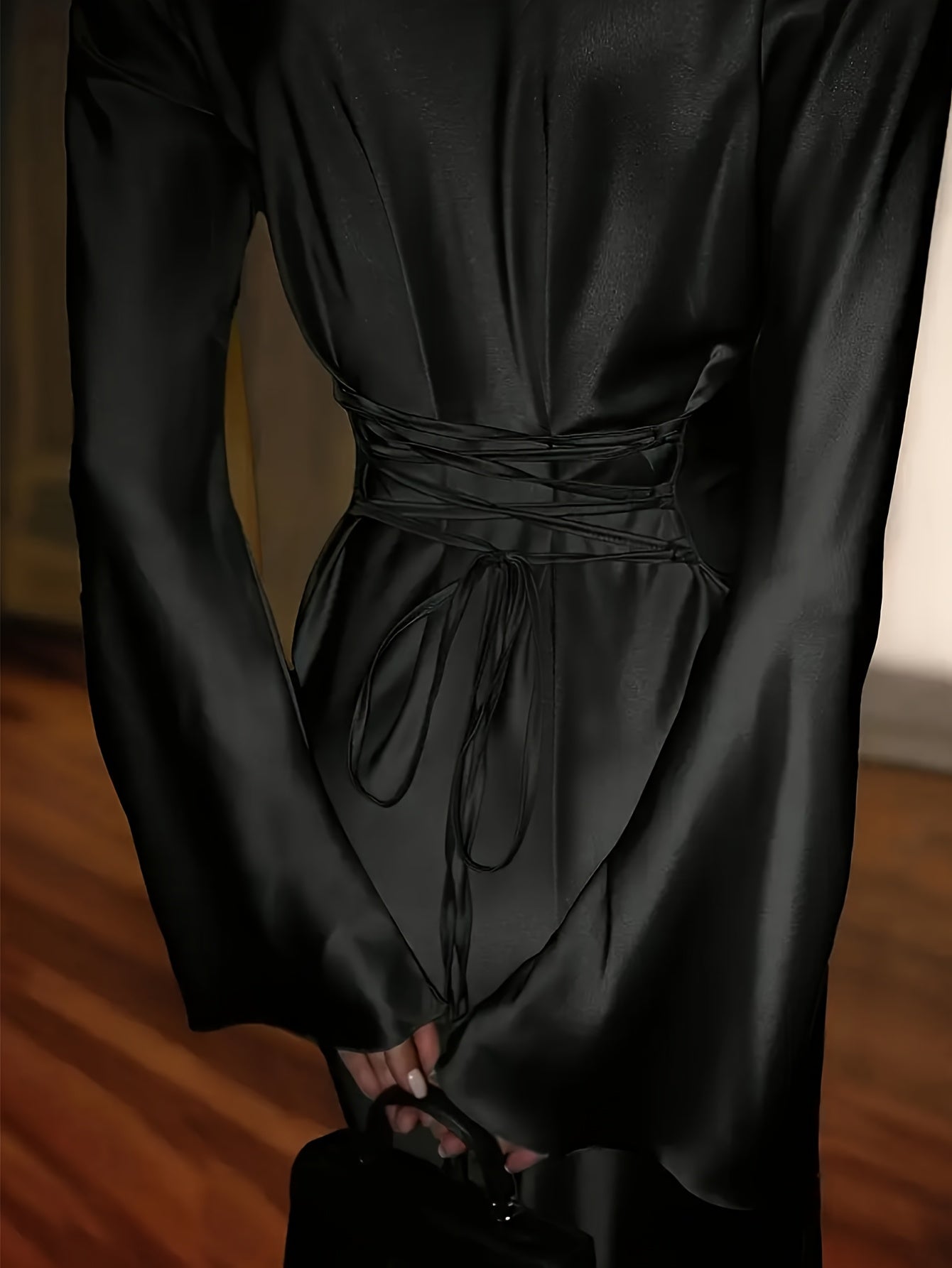 Robe Femme Élégante Manches Longues A-Ligne – Nœud à la Taille, Robe Longue de Soirée, Mariage et Gala, Tenue Sophistiquée Automne/Hiver, Fini Satin, Idéale Événements Formels