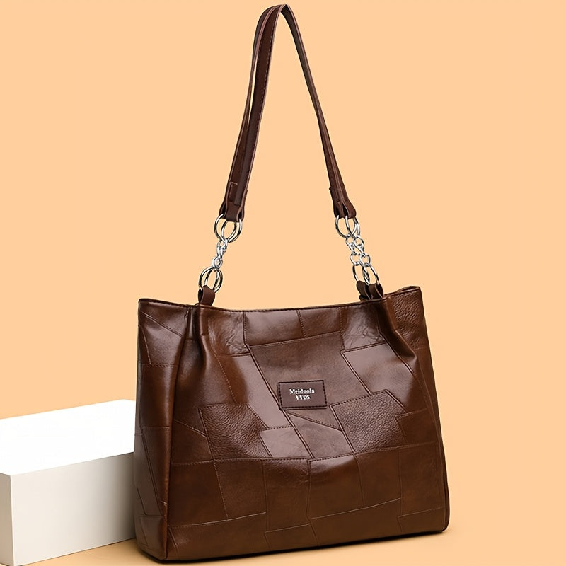 Sac Cabas Femme Élégant – Grande Capacité, Cuir Synthétique Léger, Sac à Main avec Bandoulière Fixe et Fermeture Éclair, Cuir Synthétique à Motif Quadrillé, Idéal pour Travail, Voyage et Déplacements Quotidiens