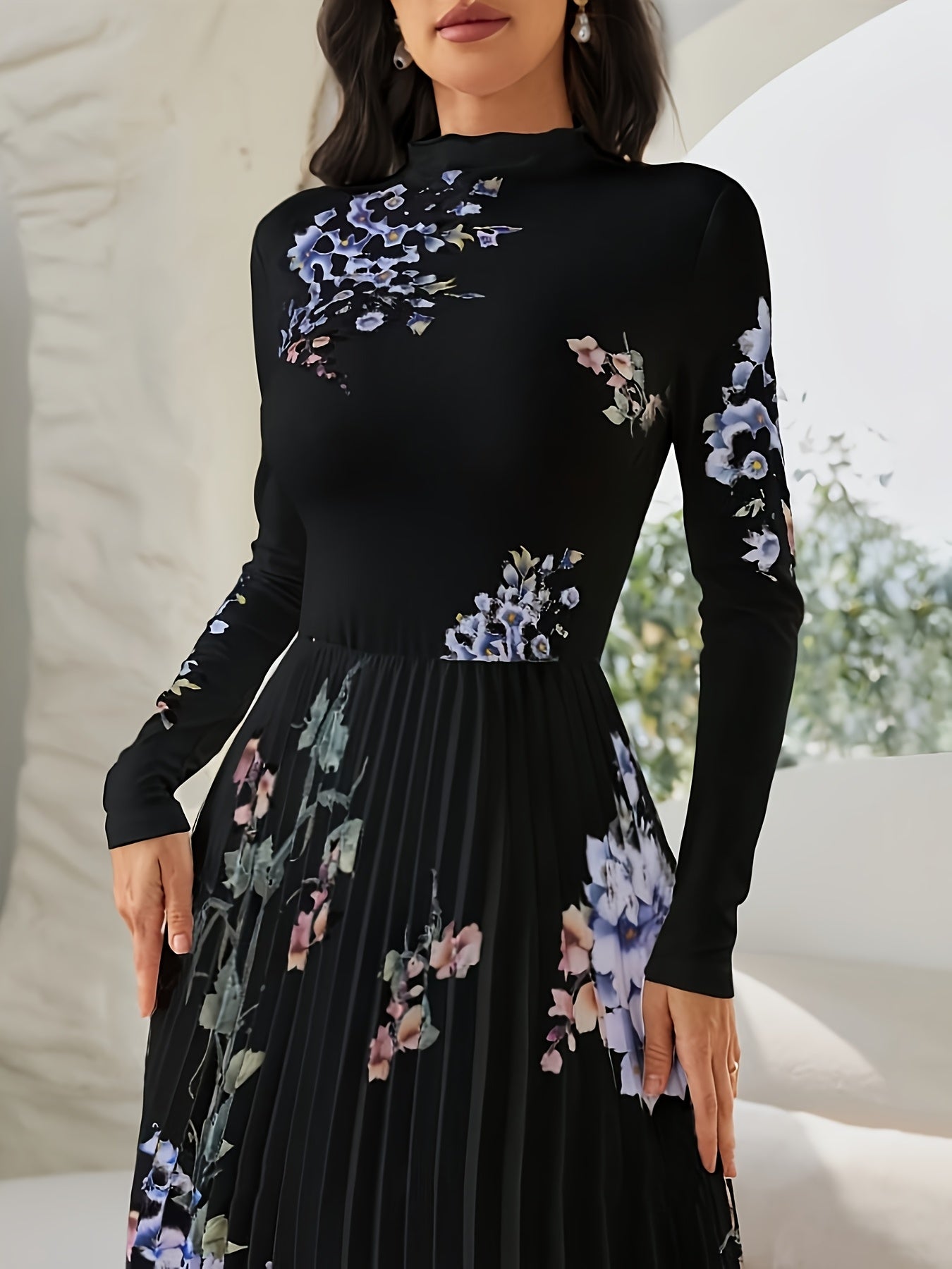 Robe Longue Élégante – Imprimé Floral Noir et Bleu, Col Montant, Manches Bouffantes Longues, Coupe A-Ligne, Idéale Soirées, Mariages et Événements Printemps/Automne, Lavable en Machine