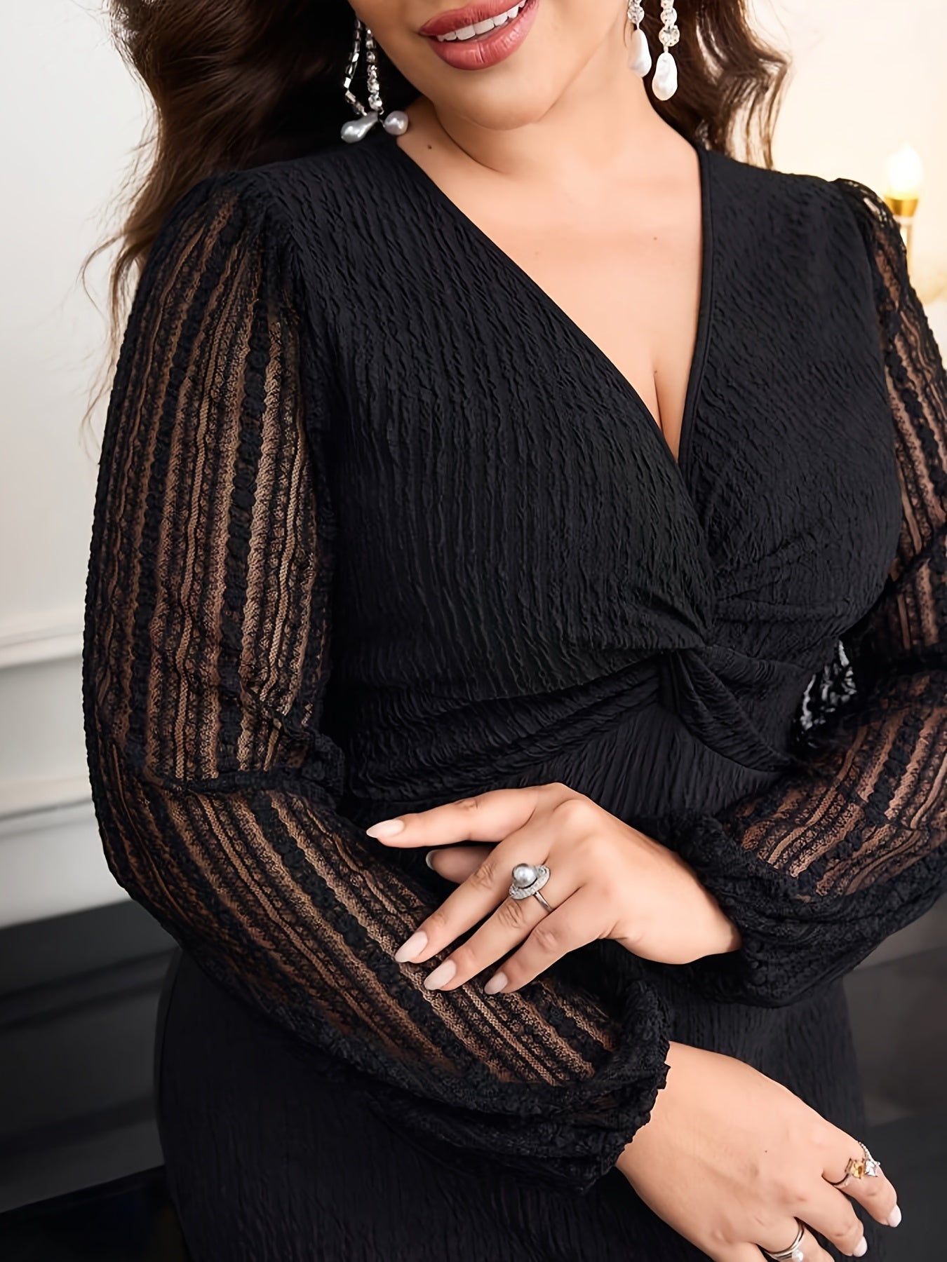 Robe Longue Grande Taille Élégante – Manches Longues, Coupe A-Ligne, Détail Froncé sur la Poitrine, Couleur Unie Noire, Idéale Soirées, Mariages, Prom et Fêtes, Lavable en Machine