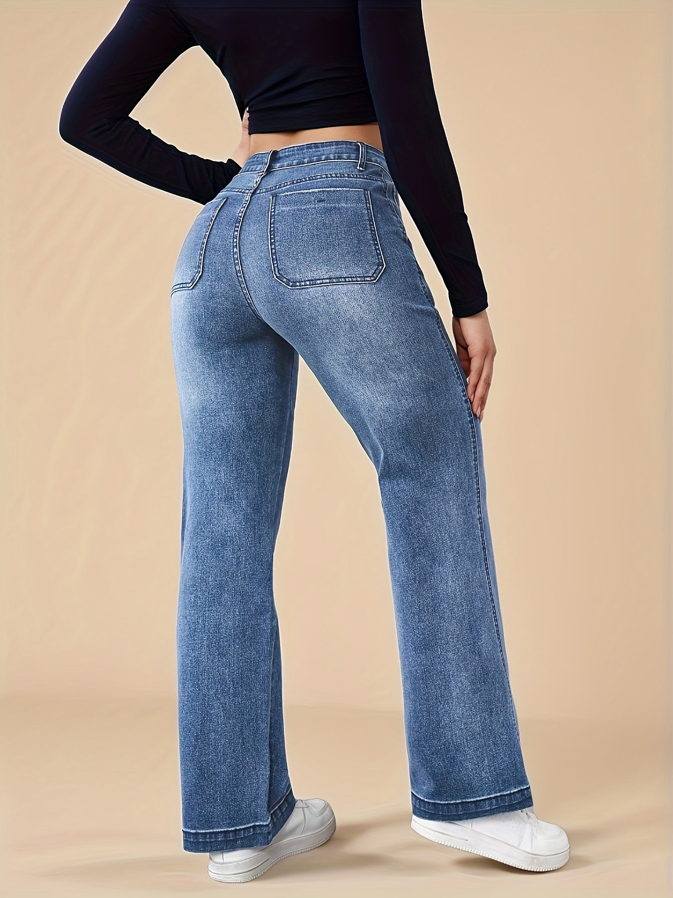 Jean droit stretch pour femme, pantalon décontracté bleu avec poches, confortable et élégant en toutes saisons, lavable en machine