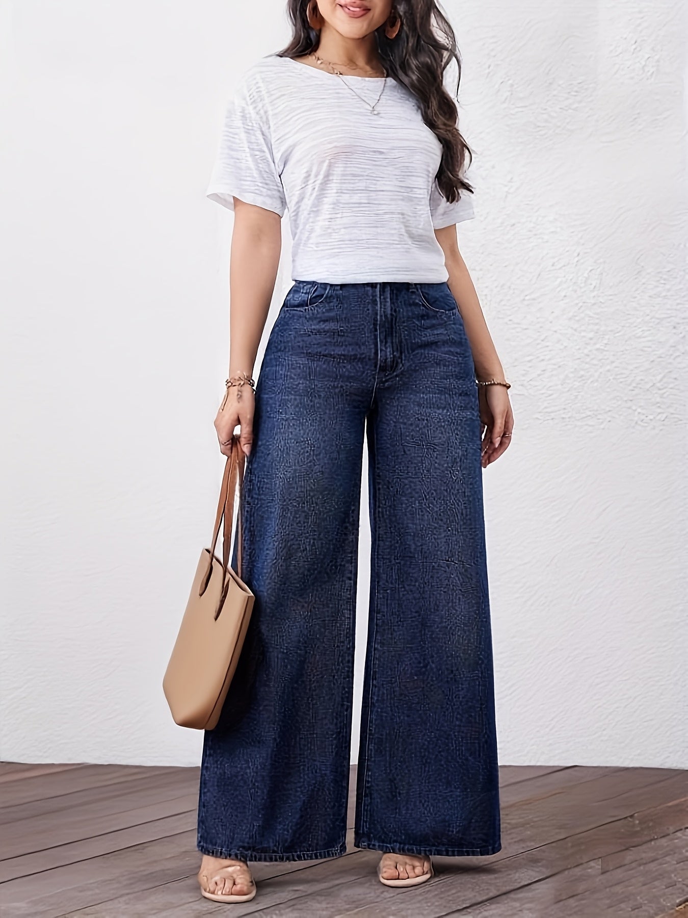 Jeans Femme Taille Haute Jambe Large Extensible Non Transparent Polyvalent Toute Saison