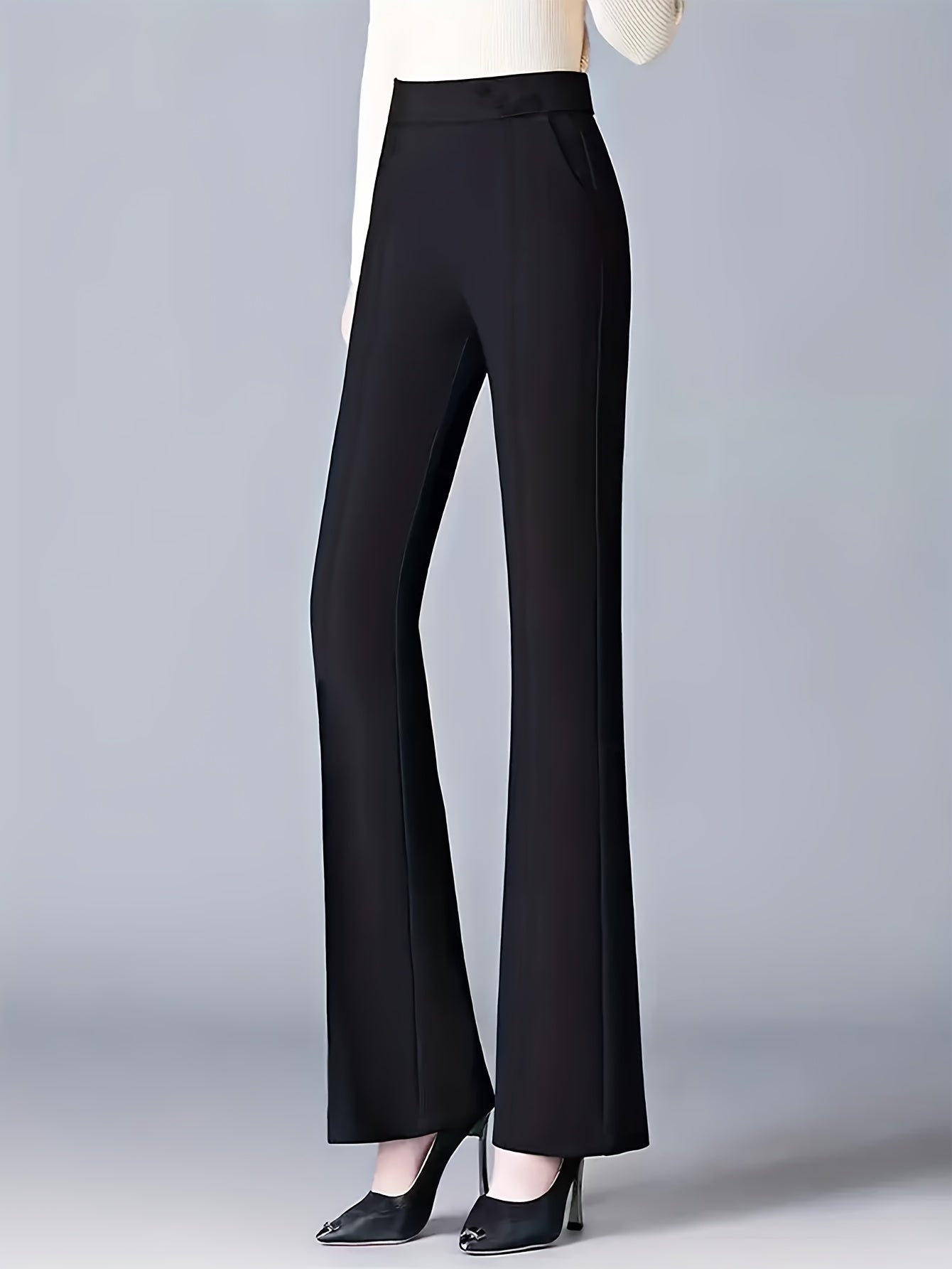 Jeans Femme Évasé – Taille Haute, Jambe Effilée, Noir, Décontracté, Automne, Extensible et Lavable