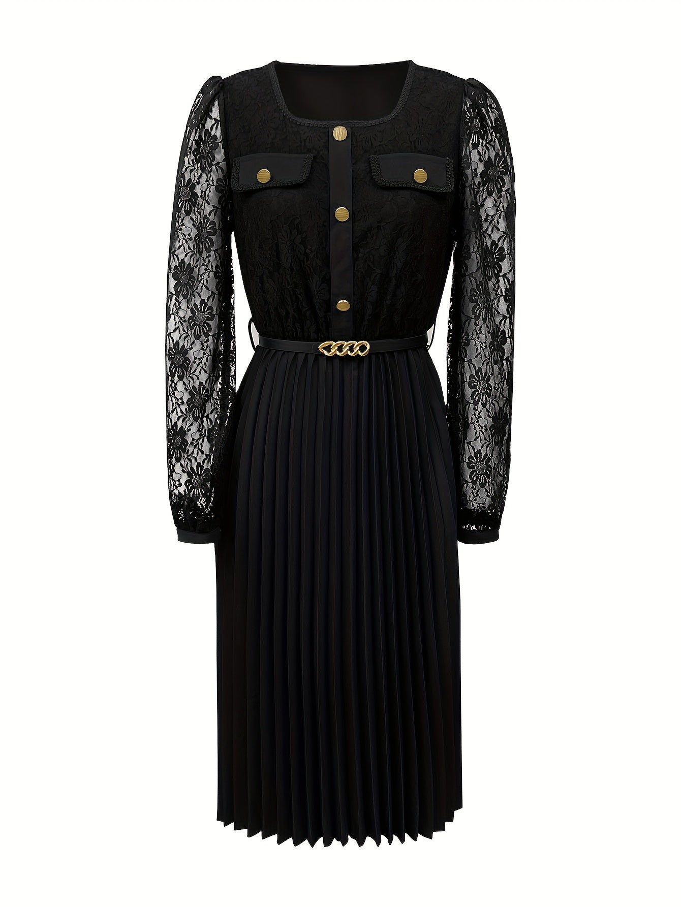 Elegant Long-Sleeve Dress for Women with Lace Patchwork And a Belt, New Autumn Style.