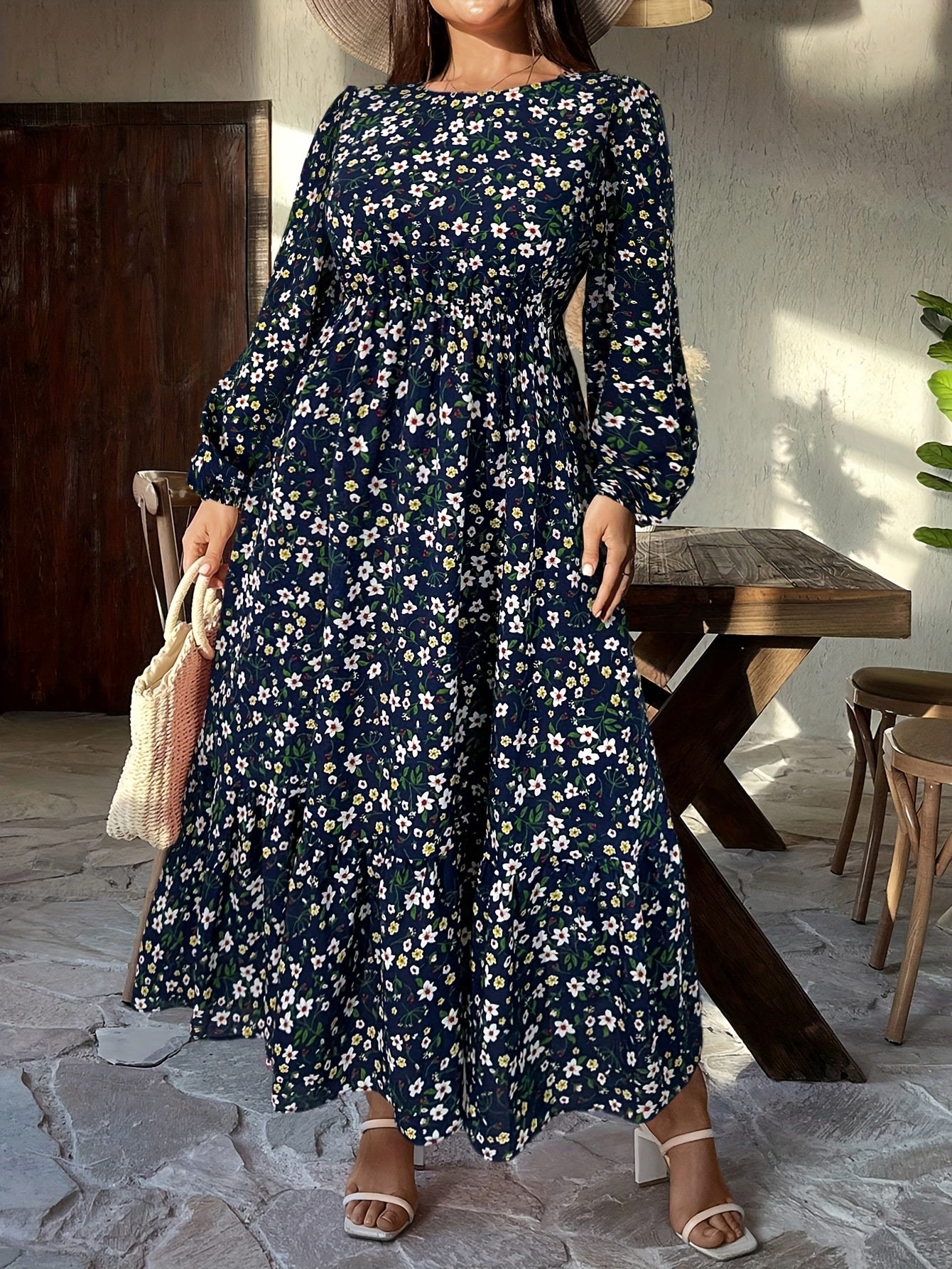 Robe Longue Grande Taille Élégante – Imprimé Floral, Manches Lanternes, Col Rond, Coupe Ample, Tissu Non Extensible, Idéale Printemps/Automne et Soirées Semi-Formelles