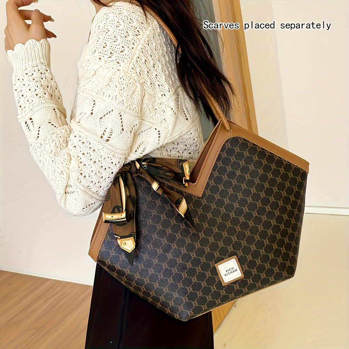 Sac Cabas Femme – Extra Large, Ruban Noeud, Noir & Marron, Zippé, Quotidien