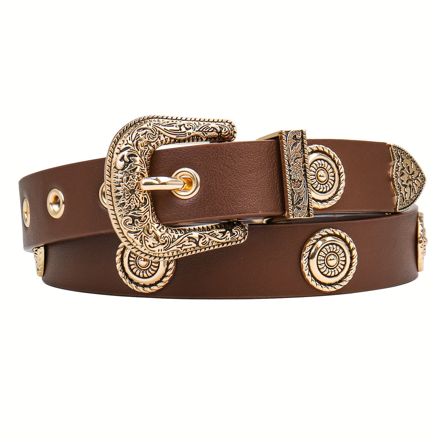 Ceinture pour femmes – Noir avec clous métalliques dorés, boucle métallique ornée, taille standard, pour robes, pantalons et jeans, ceinture style western, ceinture noire imitation cuir