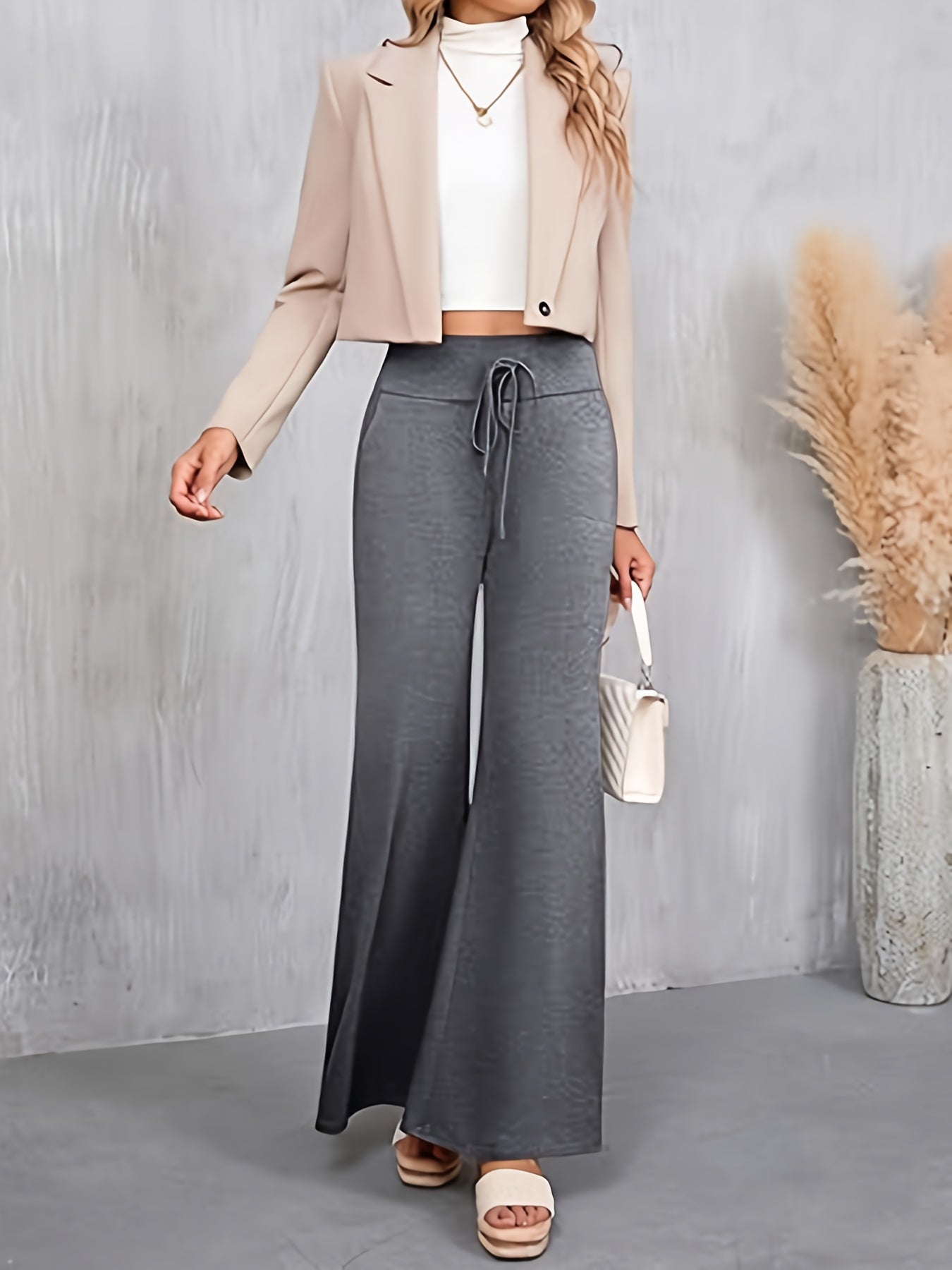 Lot de 3 Leggings Femme Taille Haute – Jambe Large Évasée, Couleur Unie avec Taille Fausse Cordon et Poches