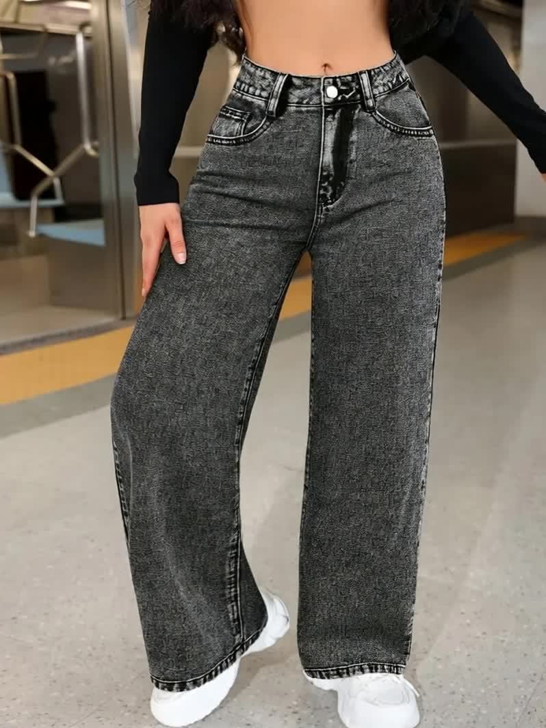 Jeans Femme Taille Haute Jambe Droite Extensible Confort Classique Effet Snowflake Élégant Toute Saison Poches Durable