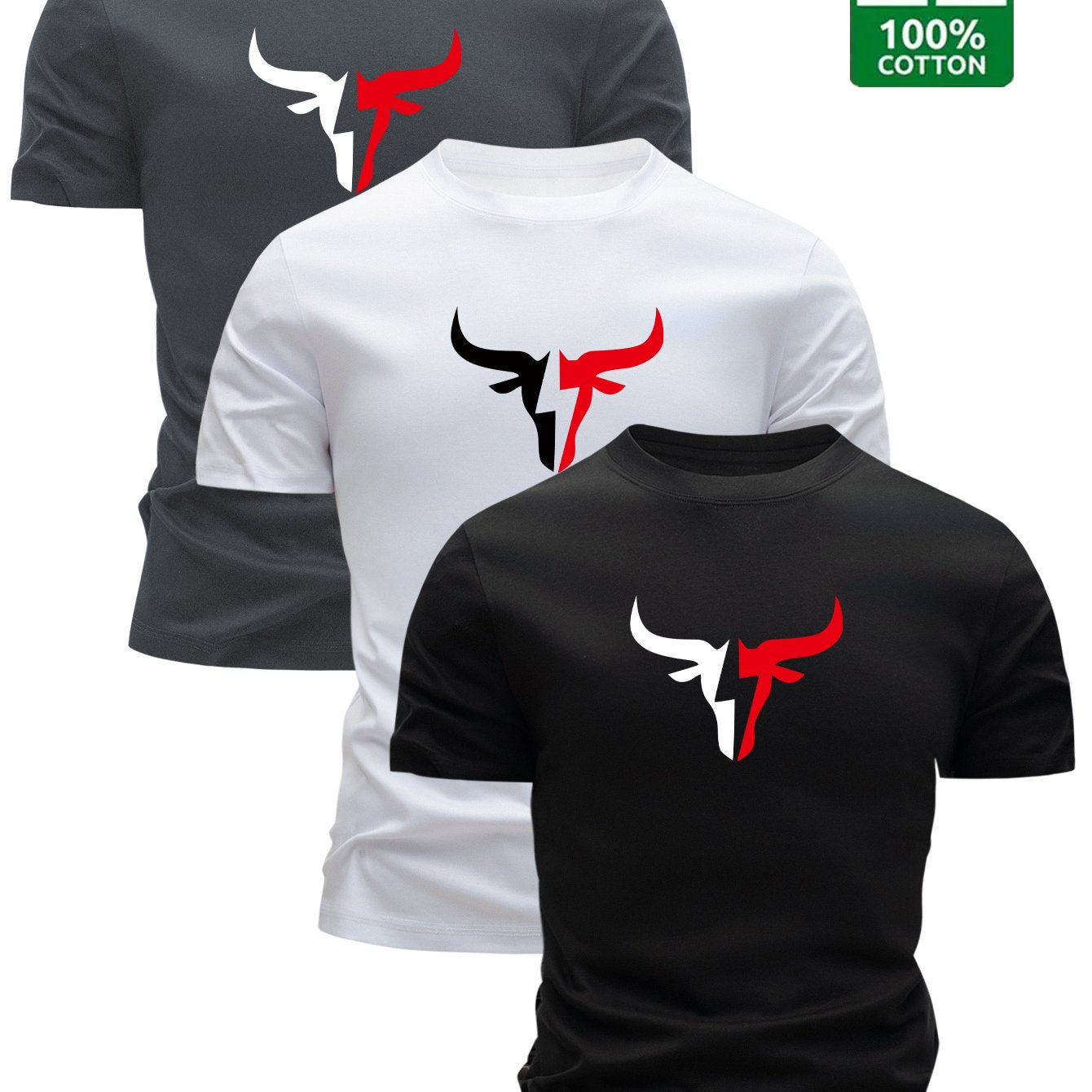 3pcs Men's 100% Cotton Bull Head Print T-Shirts - Slim Fit Short Sleeve Round Neck Casual Summer Tees with Bull Horns & Spanish Lettering (Toros/Strong Bull Design) - Breathable 100% Cotton Shirts for Casual Attire & Spanish-